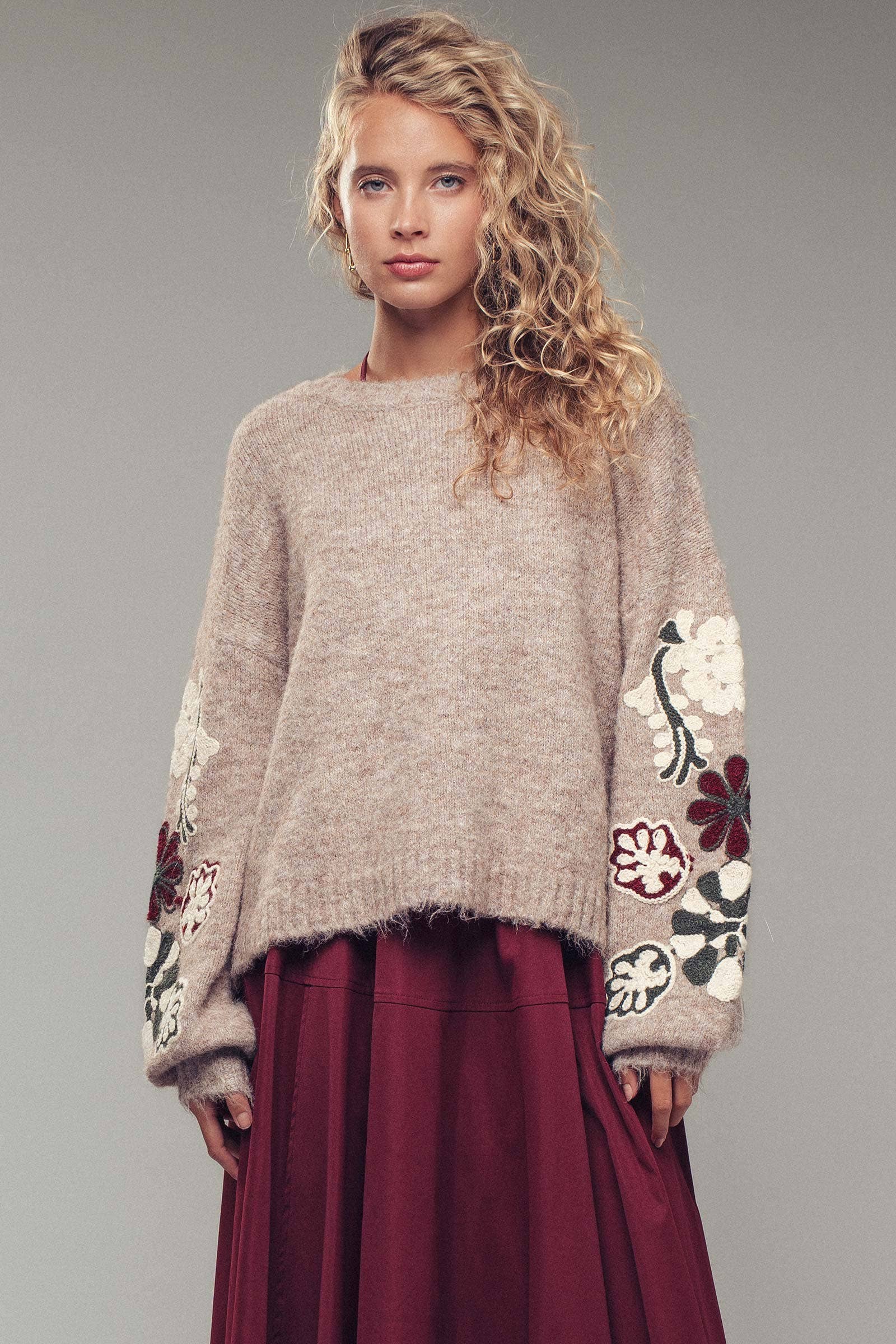Floral Embroidered Sleeve Knit Sweater