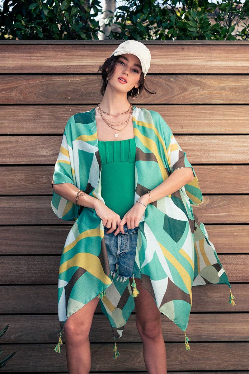 Urban Daizy Geometric Tassel Trim Resort Open Front Kimono Blue Kimono - Women's (UDZ-KN-00009) – alternate view 5