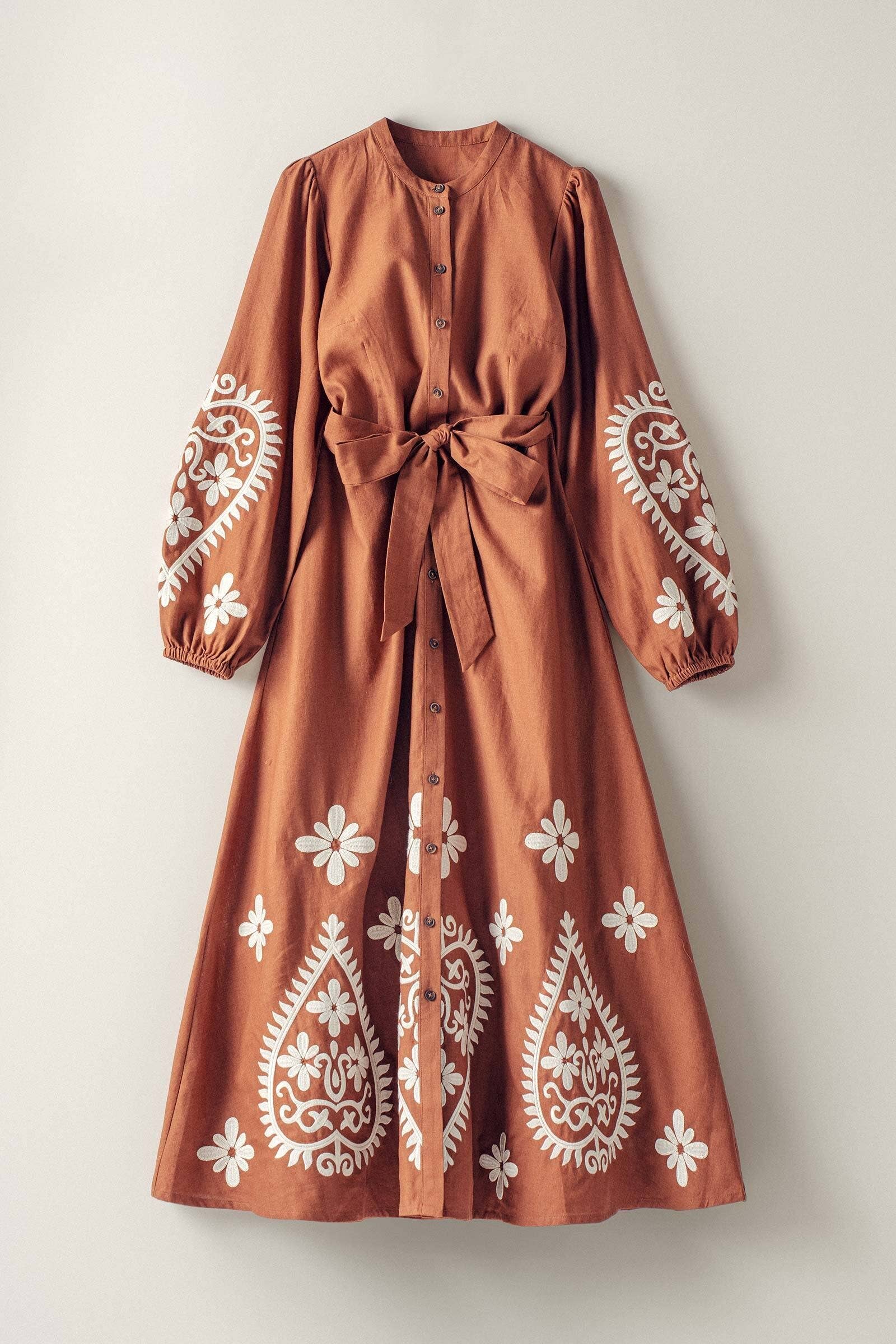 Urban Daizy Paisley Embroidered Belted Maxi Dress Camel Dress - Women's (UDZ-DR-00509)