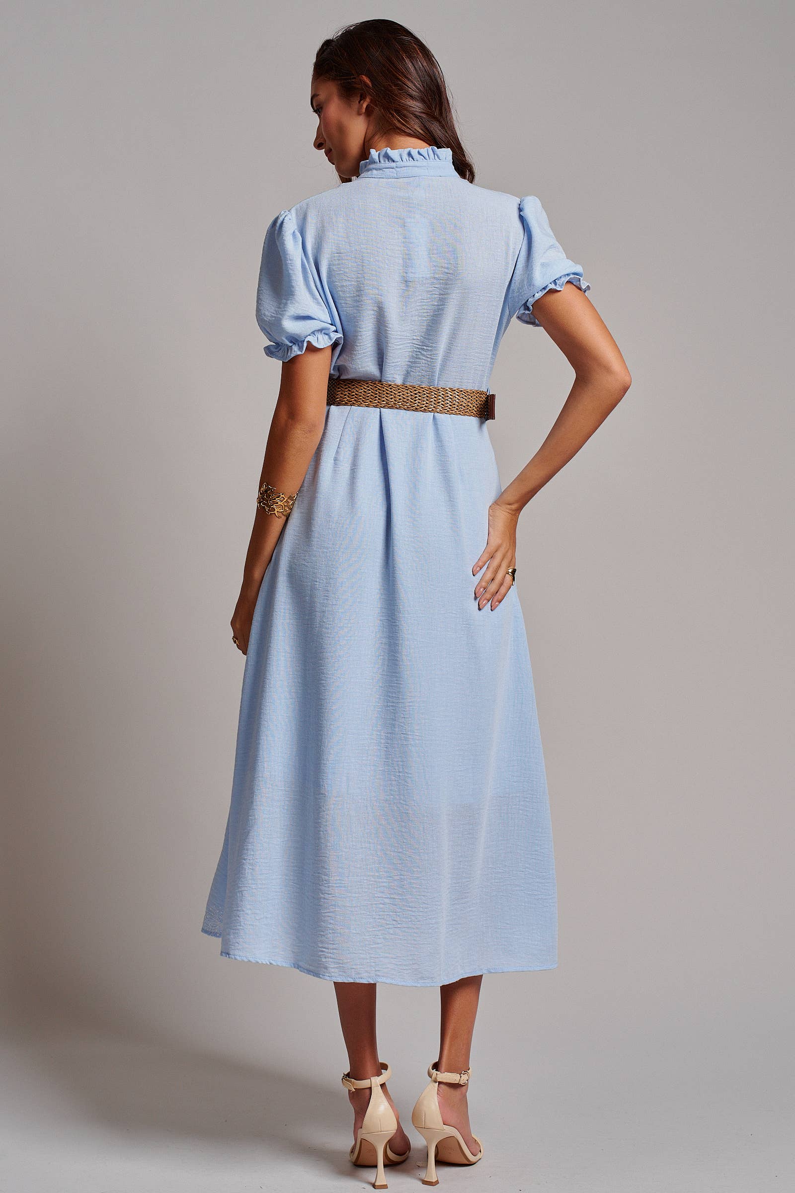 Embroidered Linen Blend Button Front Midi Dress