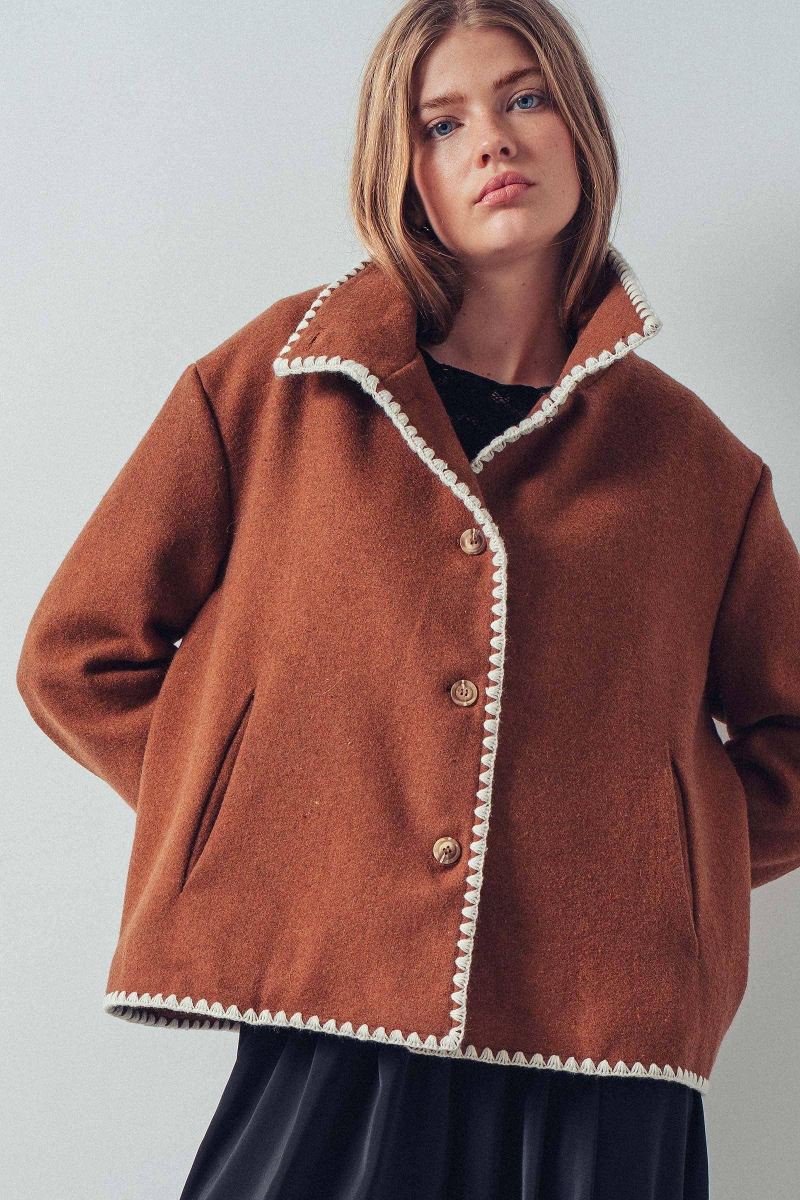 Embroidered Trim Wool-Blend Jacket