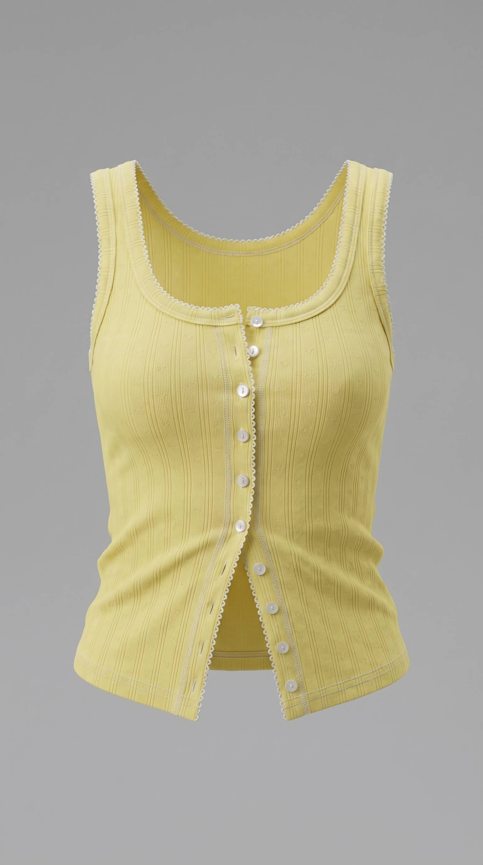 Ribbed Cotton Button-Front Picot Trim Tank
