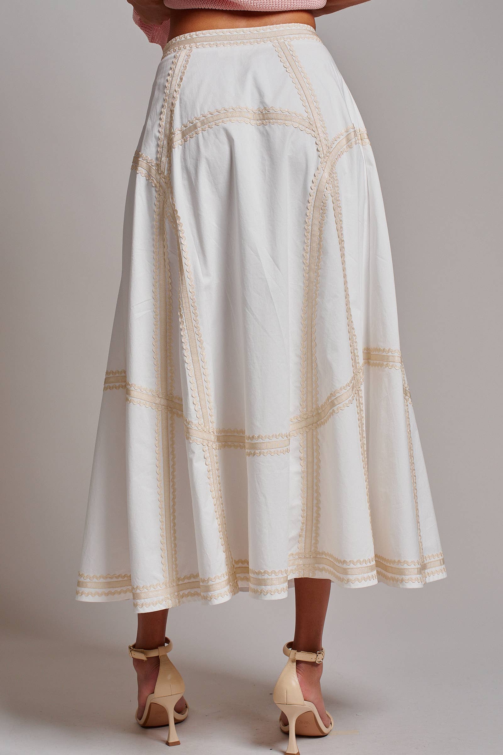 Contrast Rickrack Trim Cotton A-Line Midi Skirt