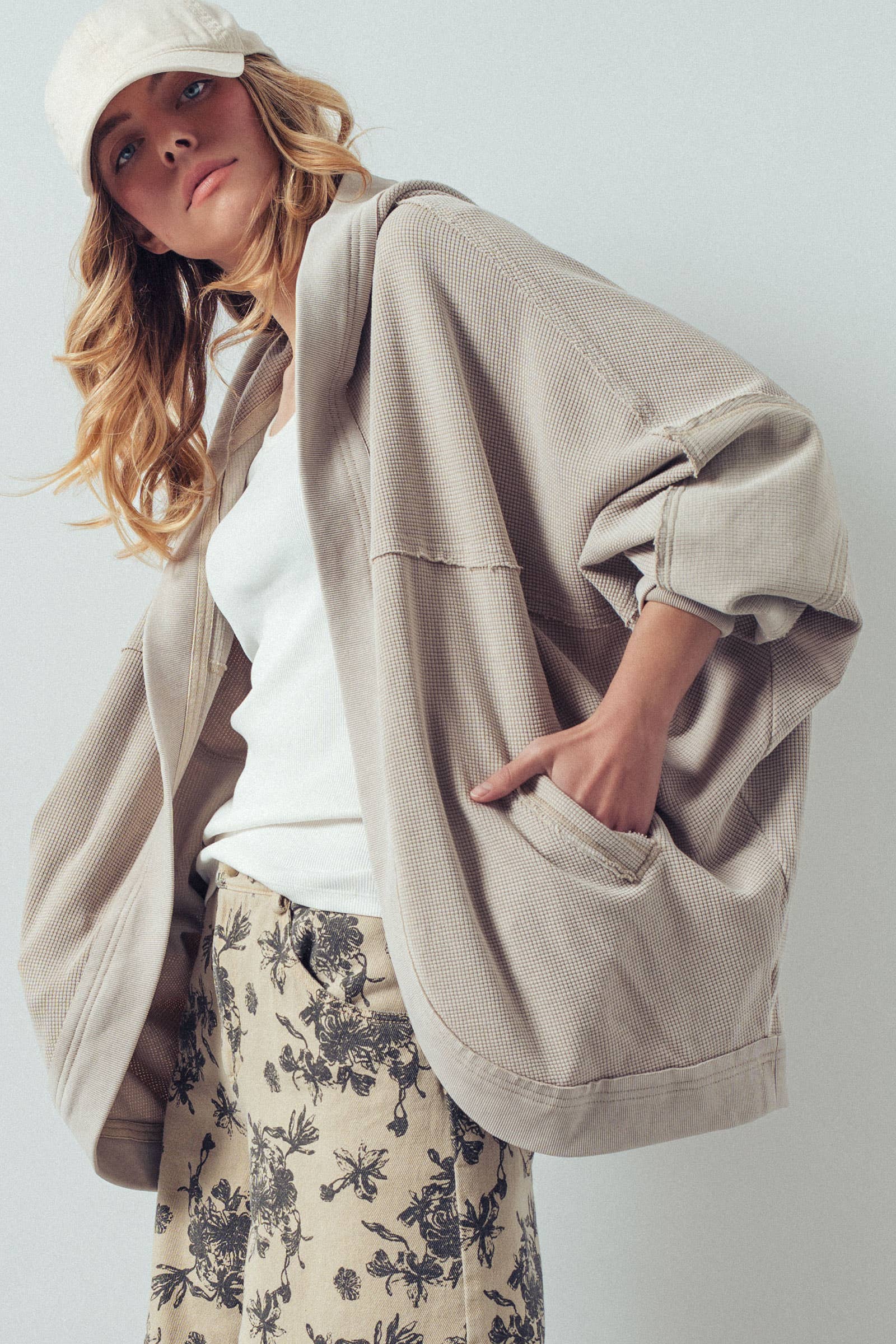 Washed Waffle Knit Hooded Cardigan