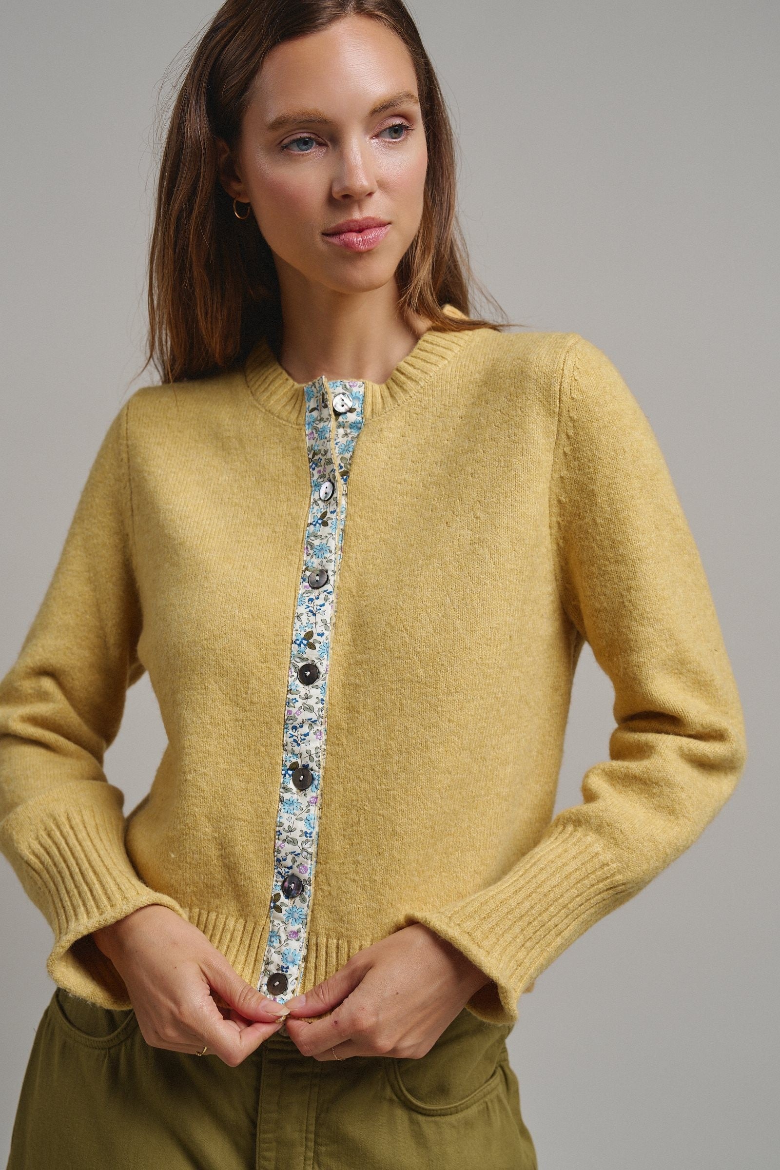 Floral Contrast Wool Blend Crew Neck Cardigan in HONEY GOLD - Women's Cardigans & Shrugs | Urban Daizy