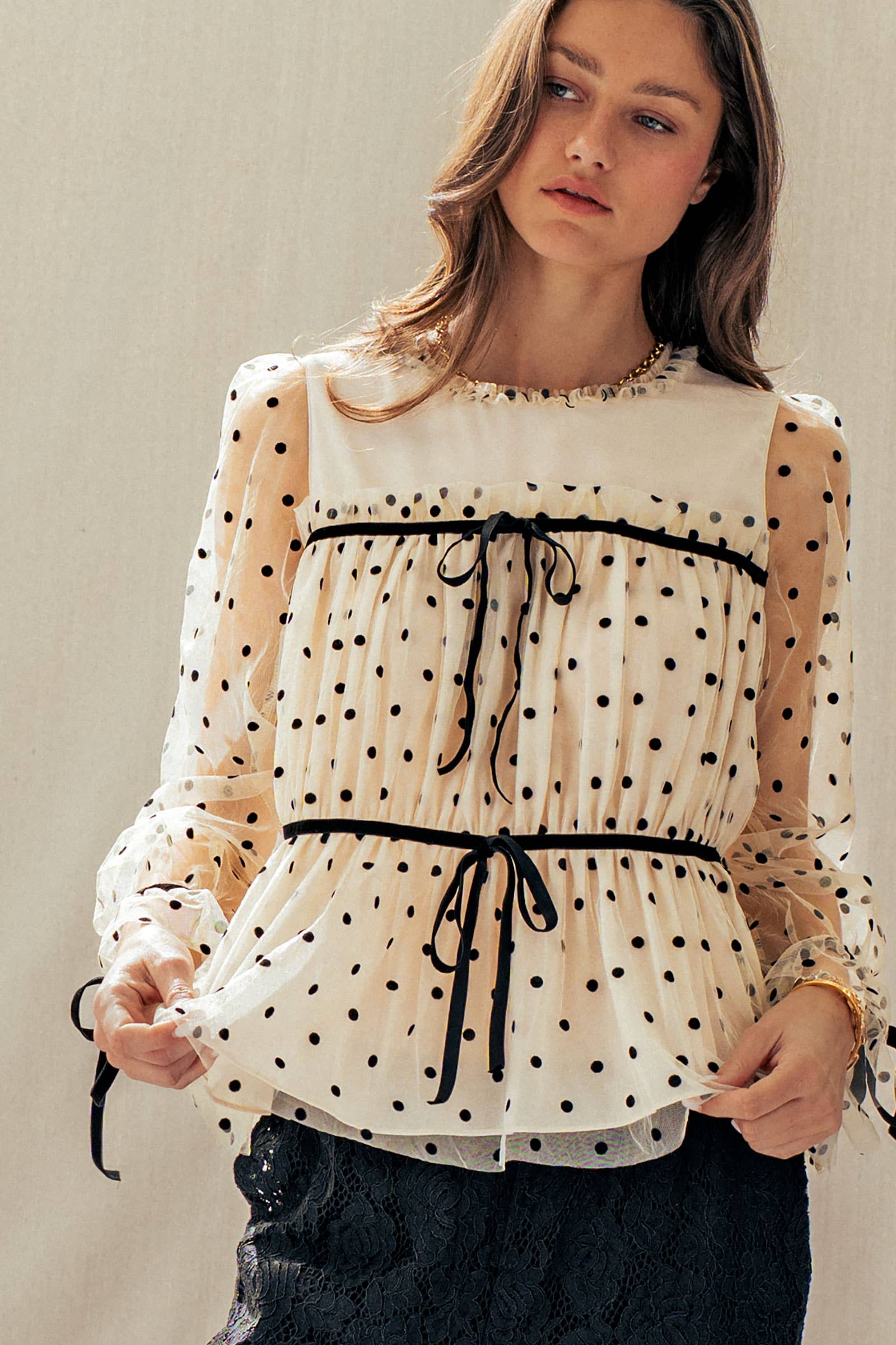 Urban Daizy Polka Dot Mesh Babydoll Top Velvet Bow Tie Ivory-Black Blouse - Women's (UDZ-TP-01052) – alternate view 2