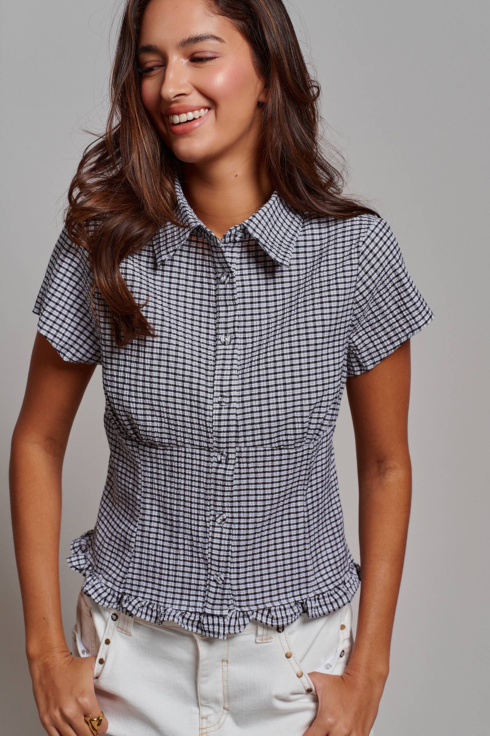 Crinkle Gingham Short Sleeve Peplum Blouse