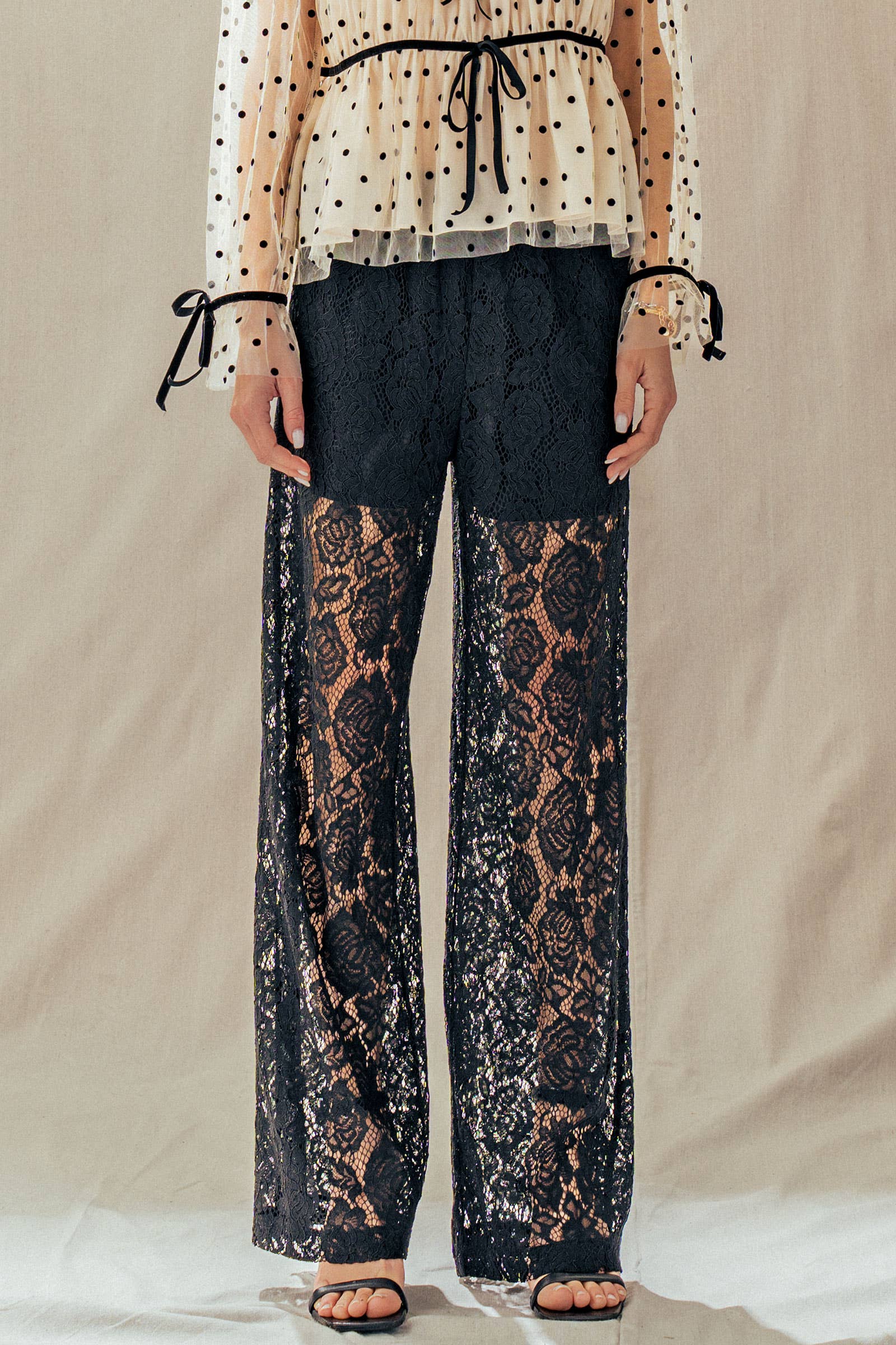 Urban Daizy Floral Lace Wide-Leg Drawstring Pants Black Pants - Women's (UDPT0083-Black) ��� alternate 