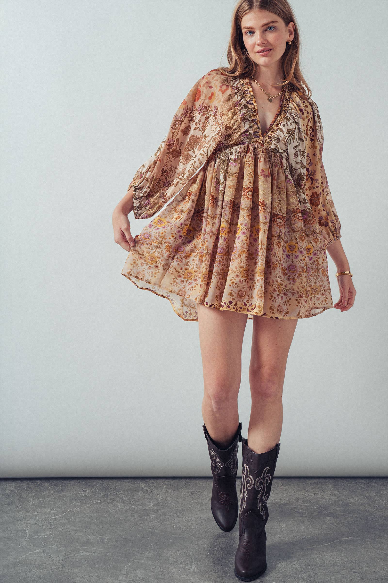 Urban Daizy Mixed-Print Boho Smocked Waist Mini Dress Taupe-Multi Dress - Women's (UDZ-DR-00478) – alternate view 12