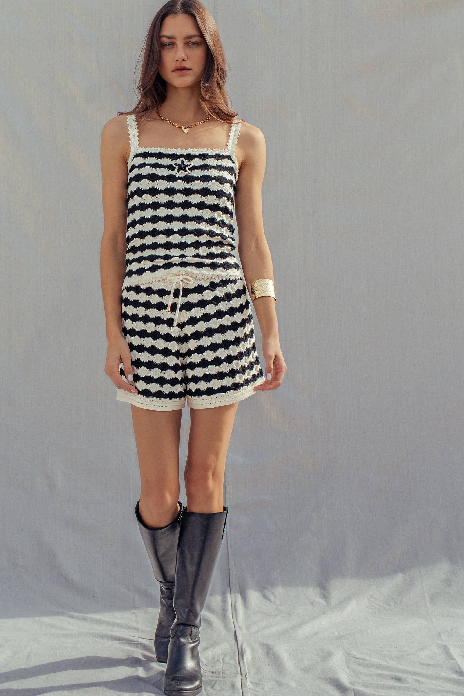 Urban Daizy Wavy Stripe Knit Two-Piece Set Star Detail Ivory-Black Lounge Set - Women's (UDZ-AC-00236) – alternate view 9