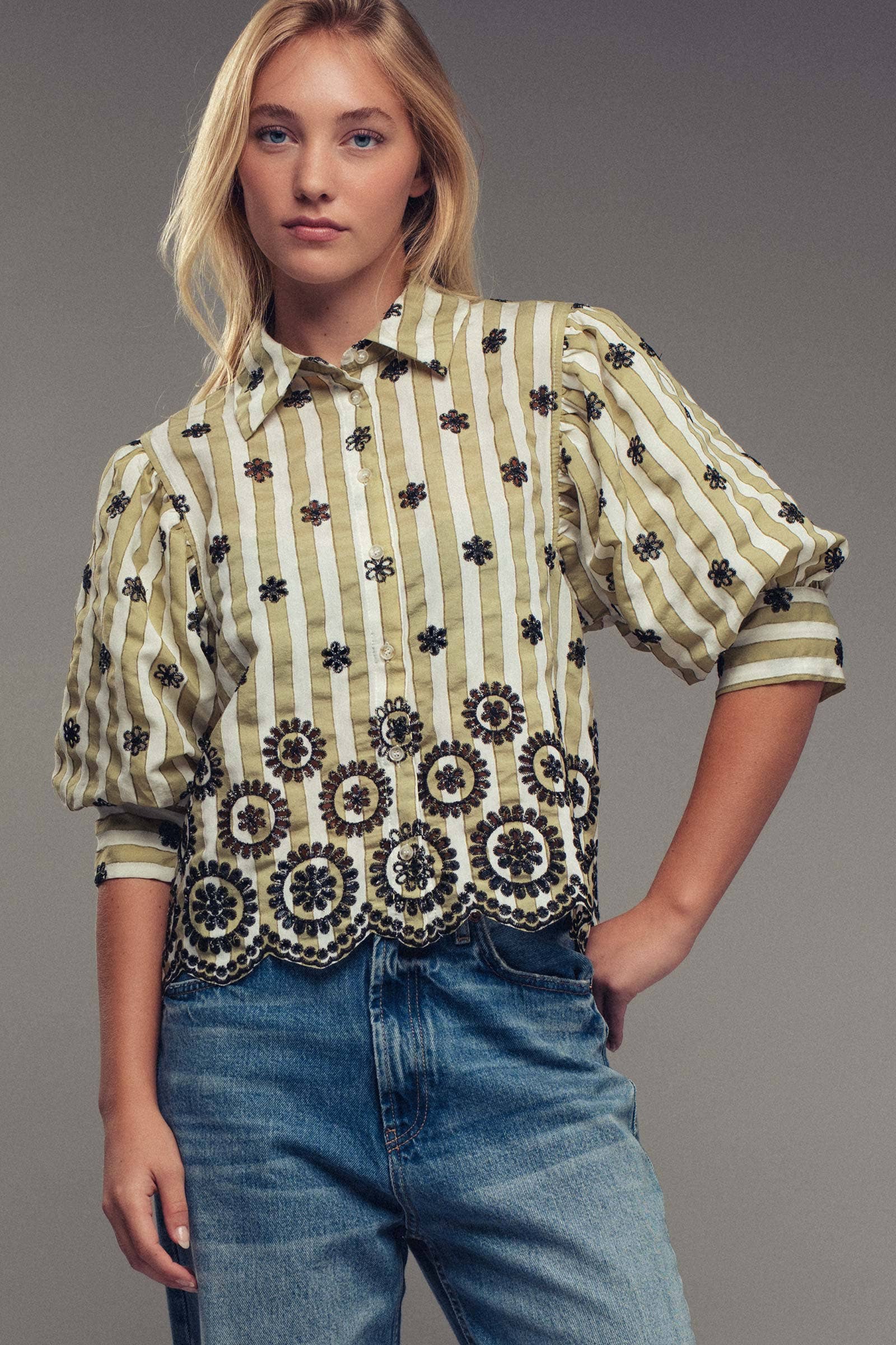 Urban Daizy Striped Floral Embroidered Scallop Blouse Olive Button Down Shirt - Women's (UDZ-TP-00953) – alternate view 18