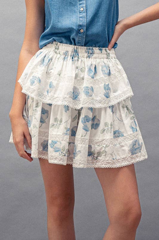 Urban Daizy Blue Rose Print Lace Trim Double Tiered Mini Skirt Ivory Skirt - Women's (UDZ-AC-00158)