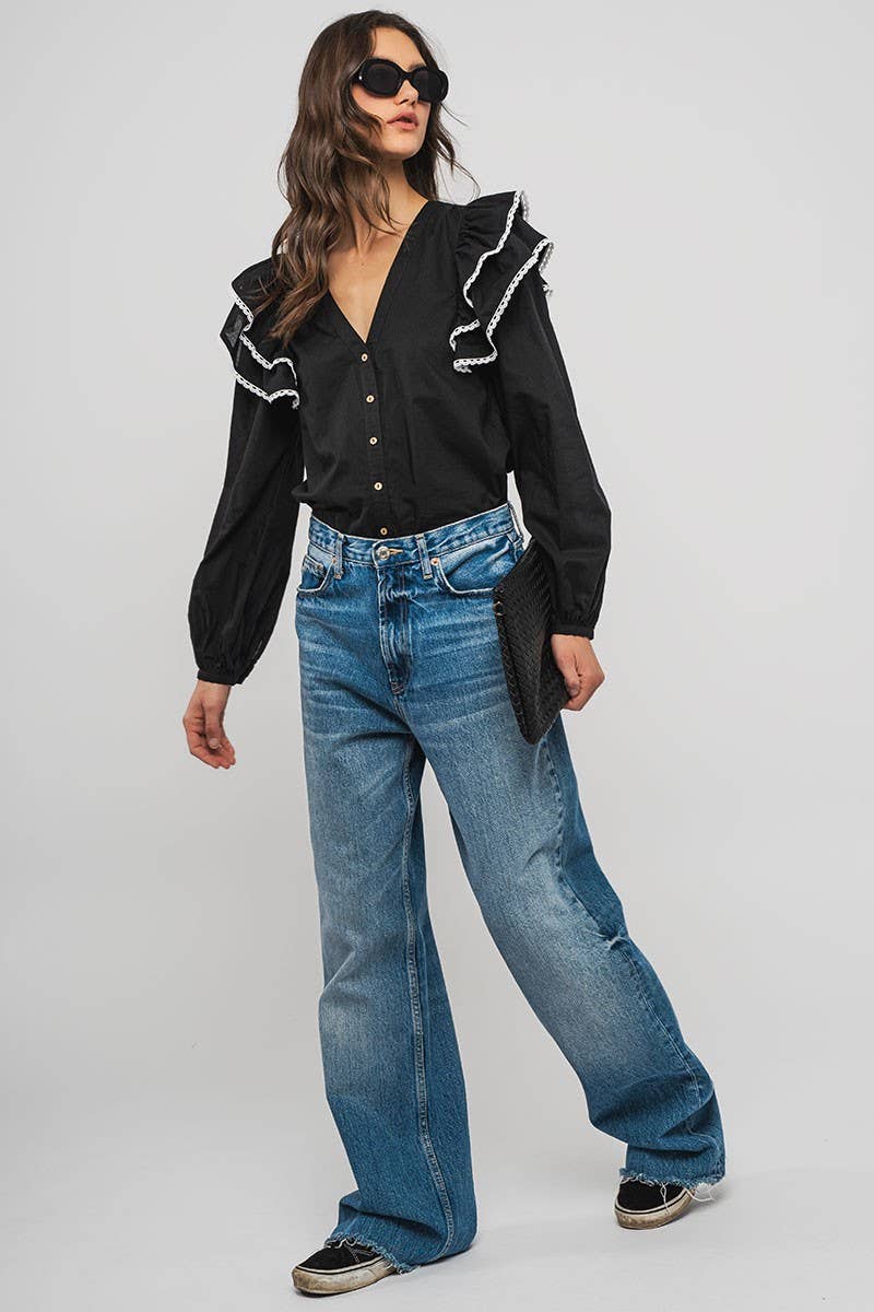 Urban Daizy Ruffled Shoulder V Neck Button Down Blouse White Black Blouse - Women's (UDZ-TP-00746) – alternate view 19