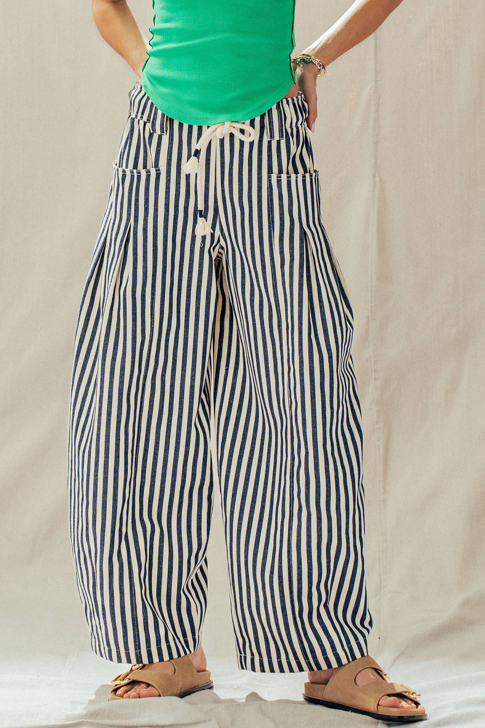 Urban Daizy Rope Drawstring Balloon Pants Pleated Front Brown-Stripe Pants - Women's (UDZ-PT-00481) – alternate view 3