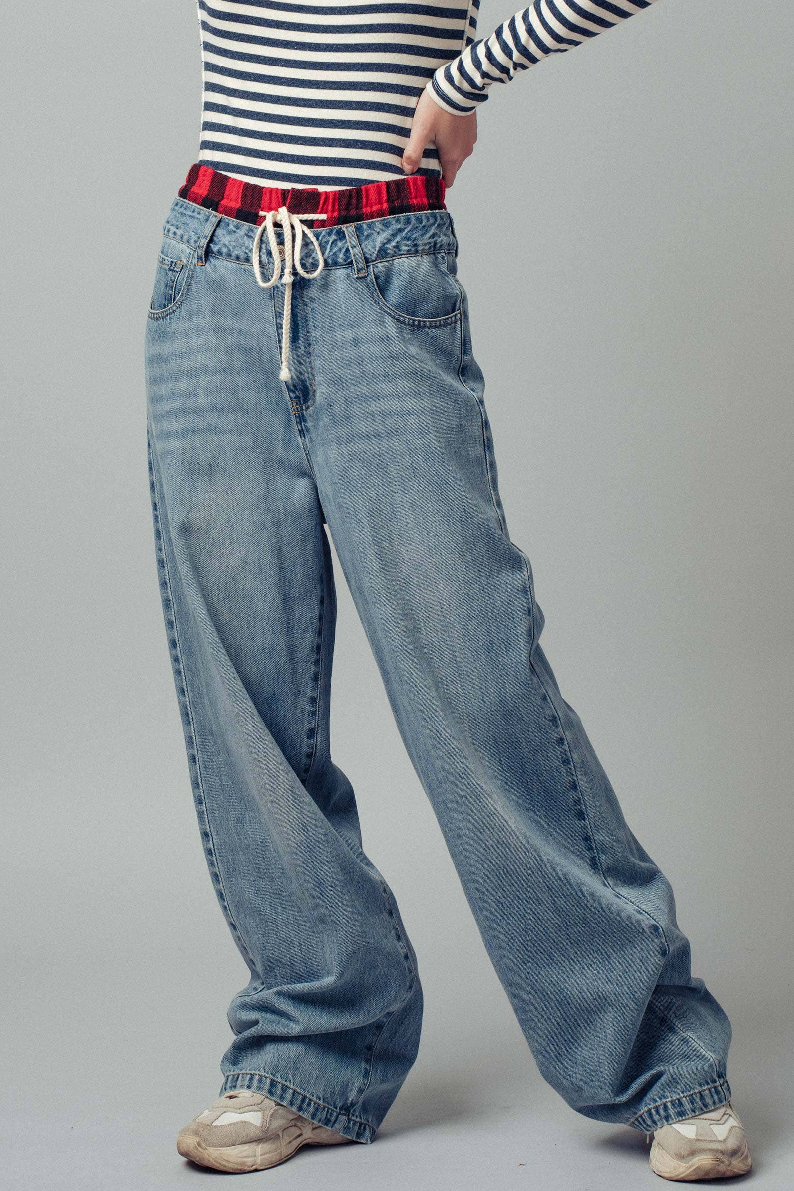 Flannel Waistband Contrast Drawstring Denim Pants