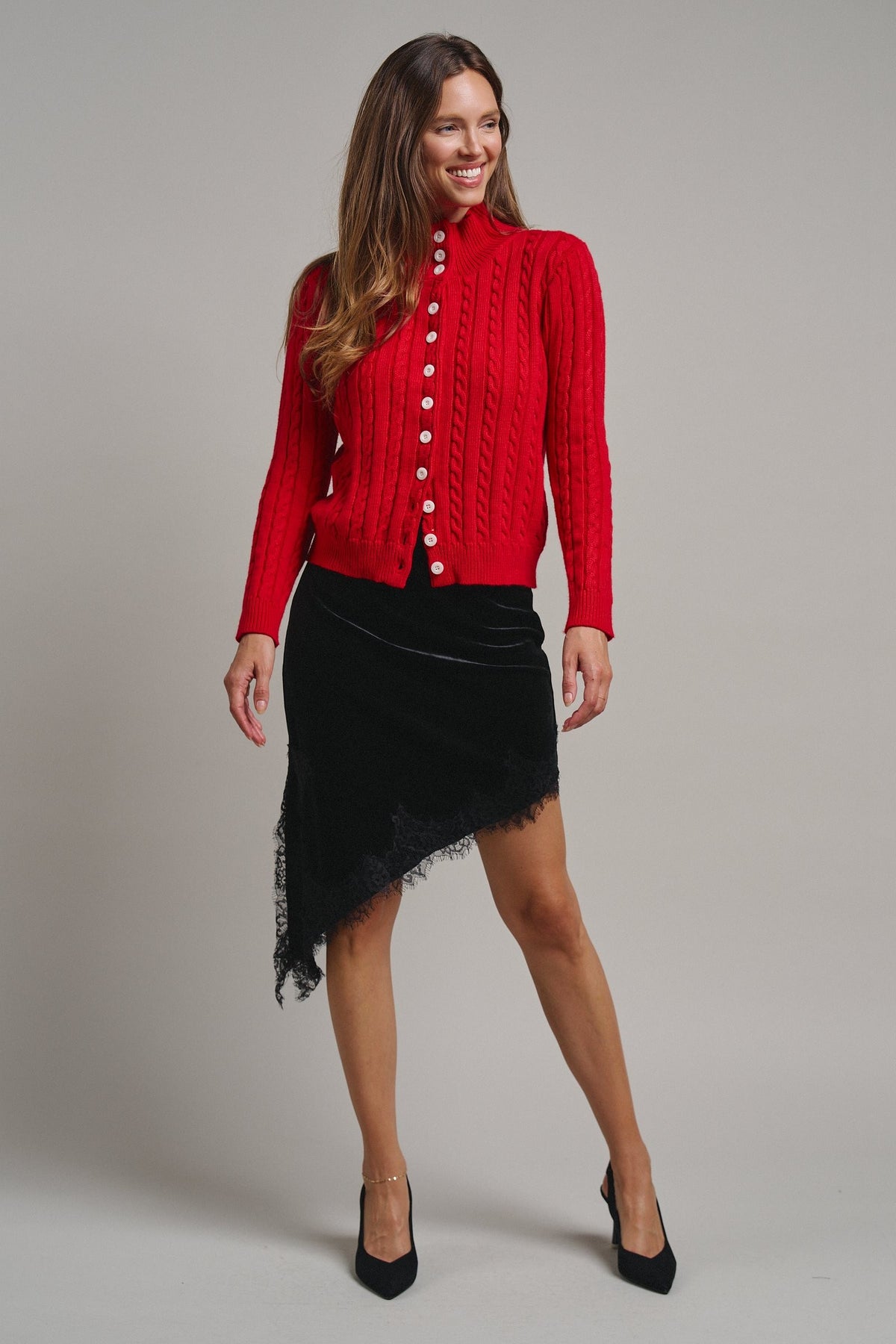 Cable Knit Mock Neck Button-Front Cardigan in RED - Women's Sweaters | Urban Daizy