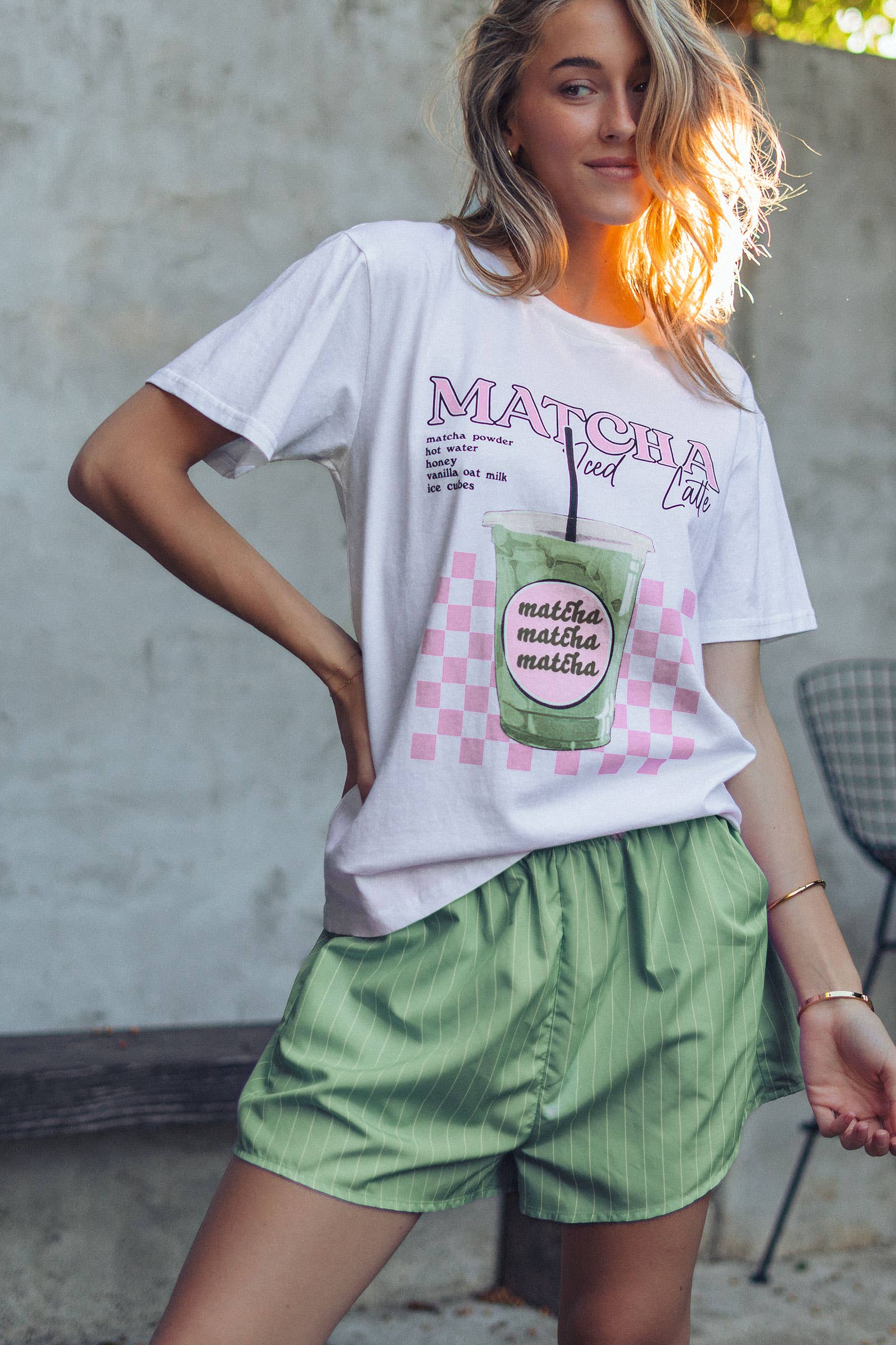 Urban Daizy Matcha Iced Latte Graphic Tee & Striped Shorts Set White-Green Lounge Set - Women's (UDZ-AC-00230) – alternate view 5