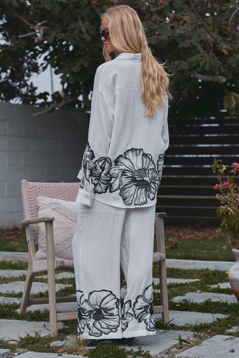 Urban Daizy Floral Embroidered Wide Leg Drawstring Pants White Pants - Women's (UDZ-OT-00168) – alternate view 5