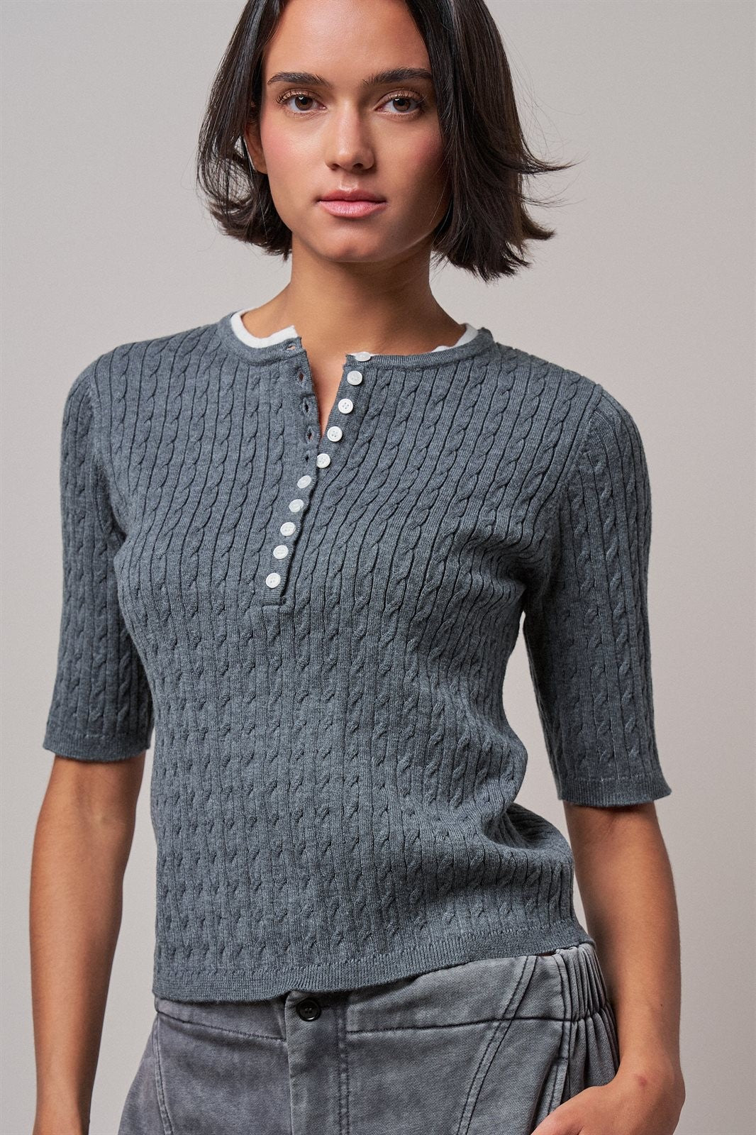 Wool Blend Cable Knit Henley with Contrast Neckline in GREY - Women's Sweaters | Urban Daizy