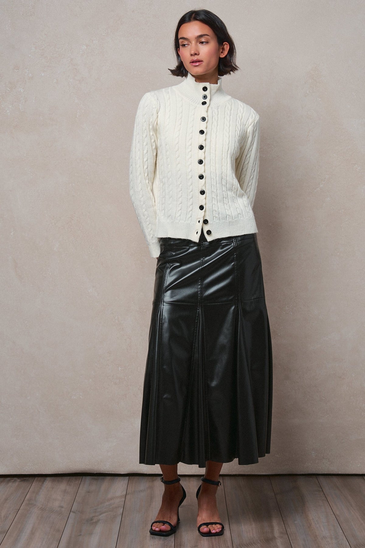 Cable Knit Mock Neck Button-Front Cardigan in IVORY - Women's Sweaters | Urban Daizy