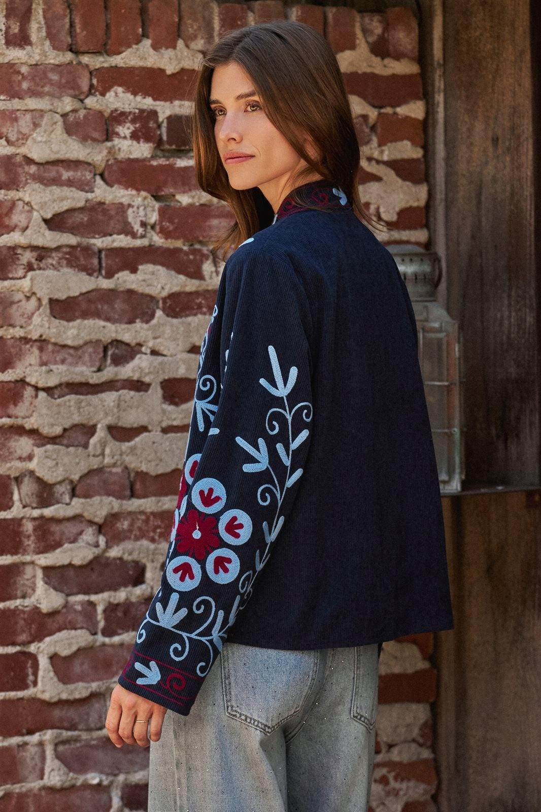 Embroidered Corduroy Jacket with Folk Floral Scroll in NAVY - Women's Jackets & Blazers | Urban Daizy