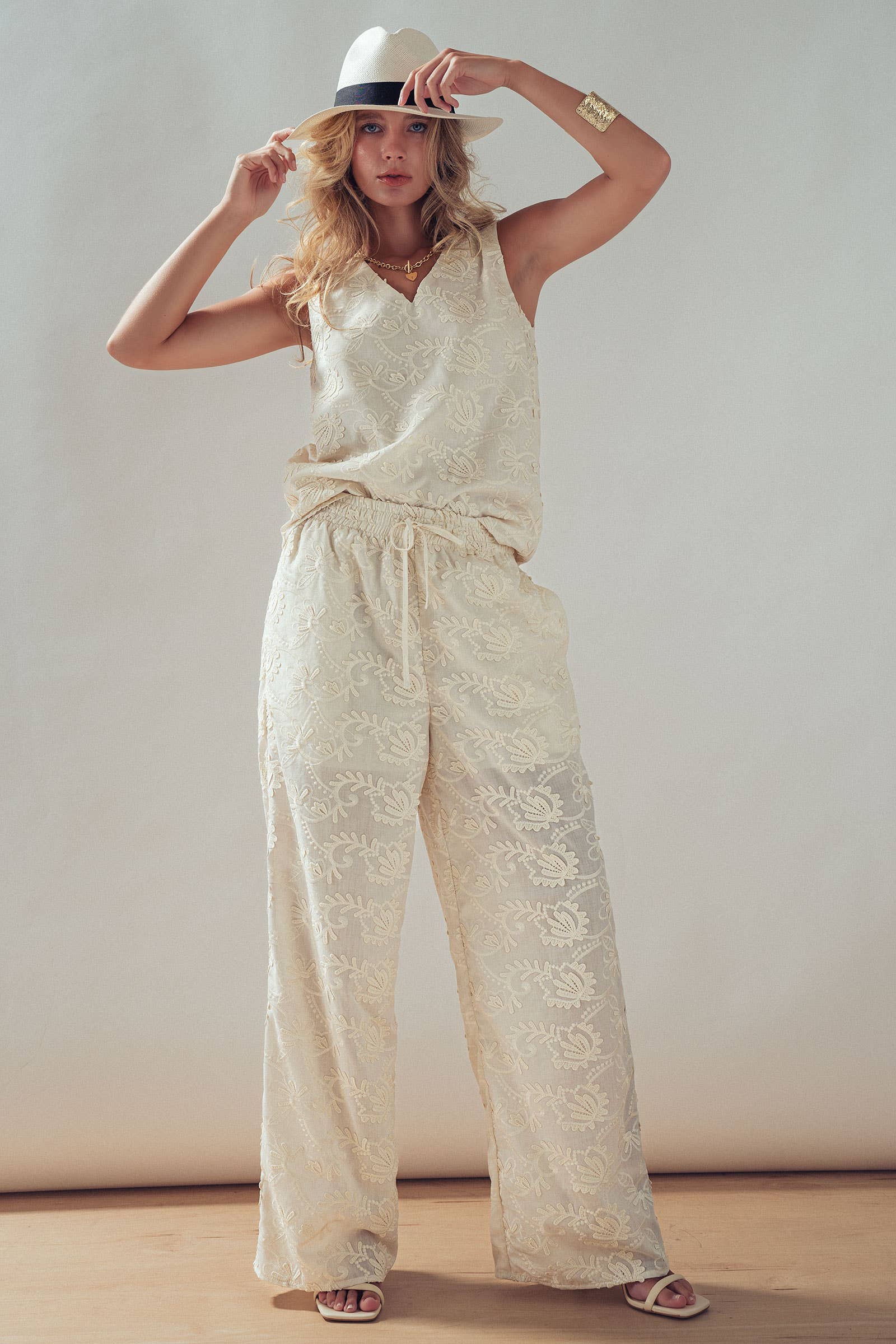 Floral Embroidered Cotton Top And Pant Set