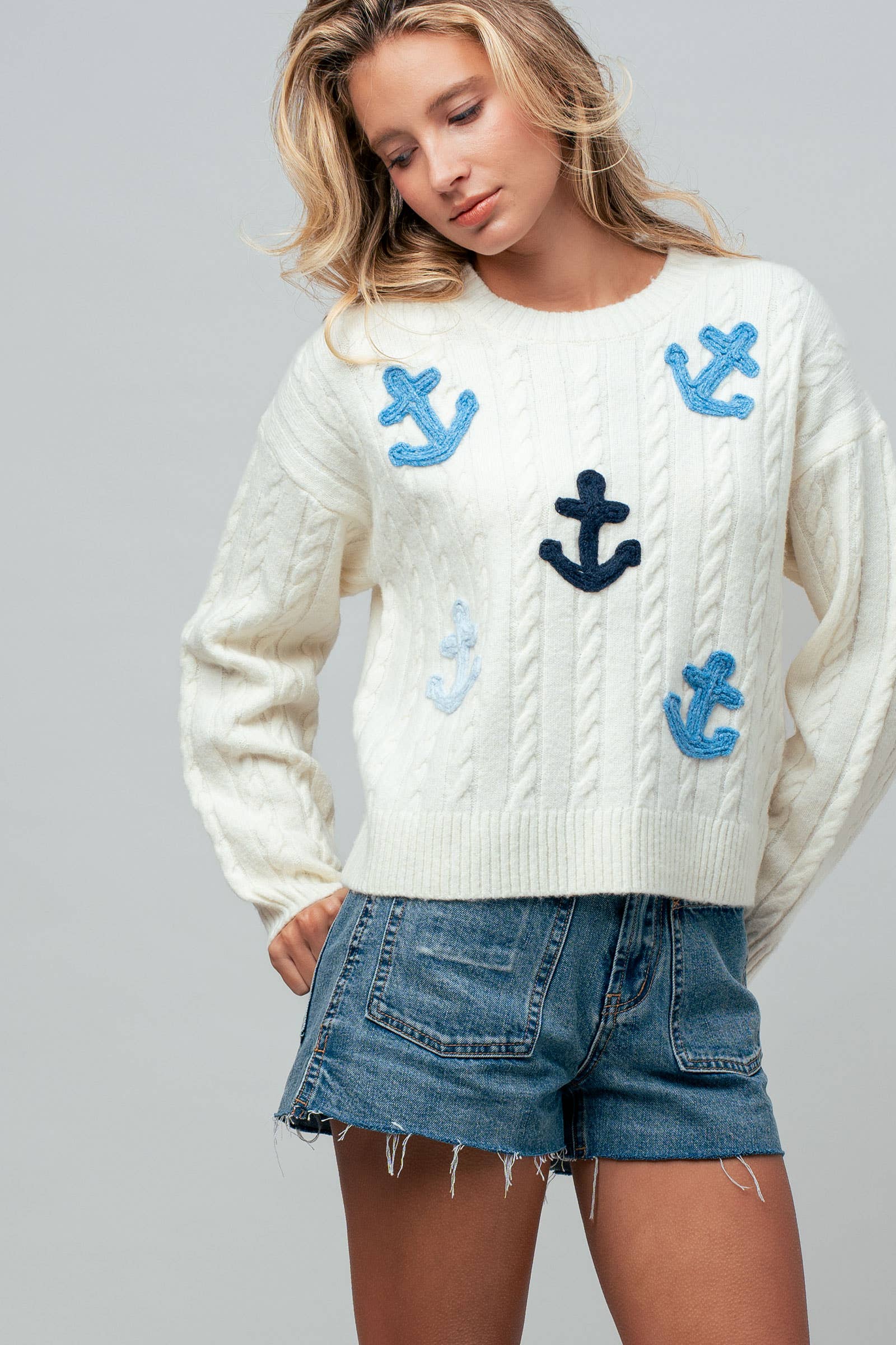 Nautical Anchor Applique Cable Knit Sweater