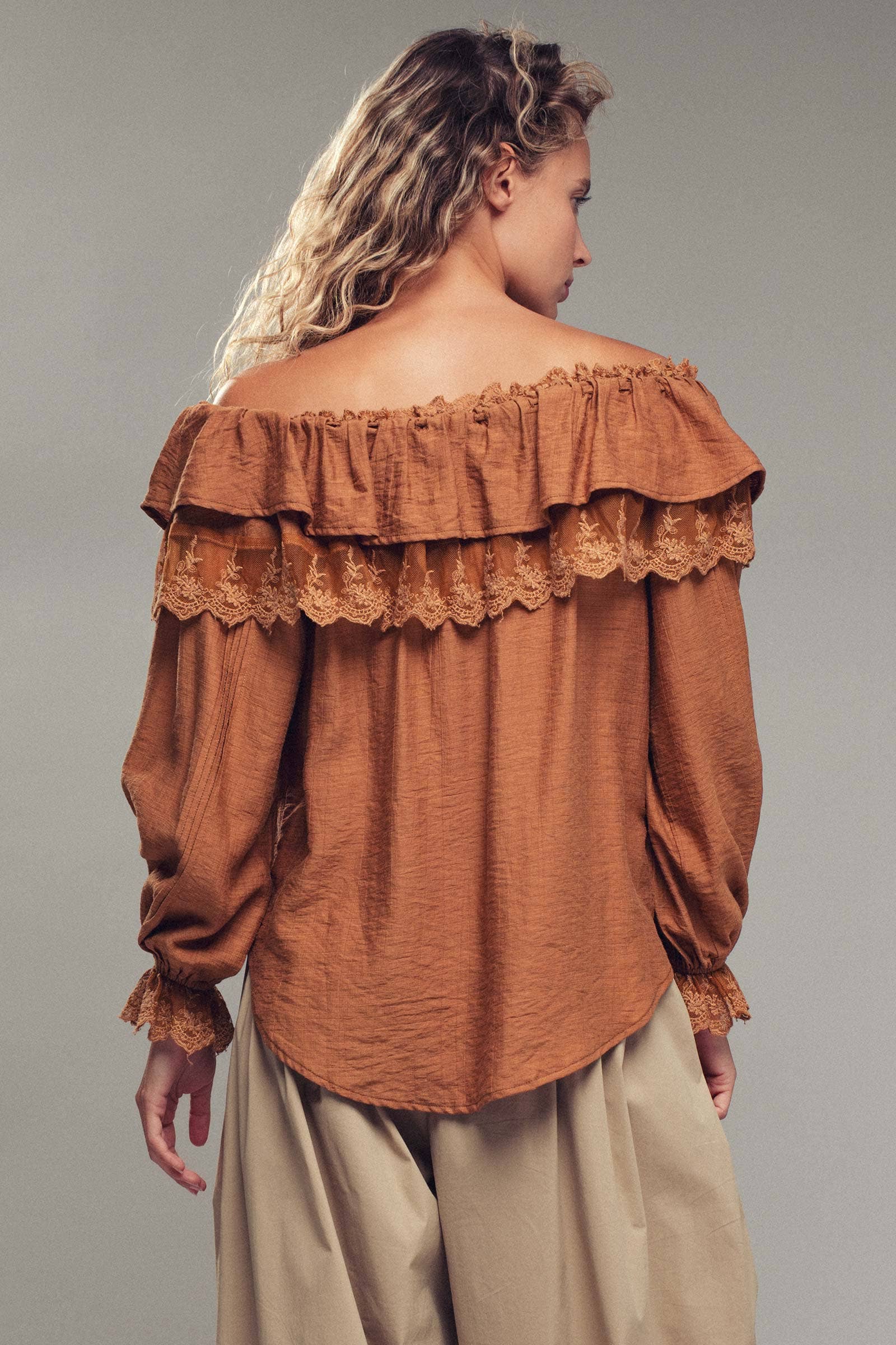 Lace Trim Ruffle Tie Neck Spring Blouse Top