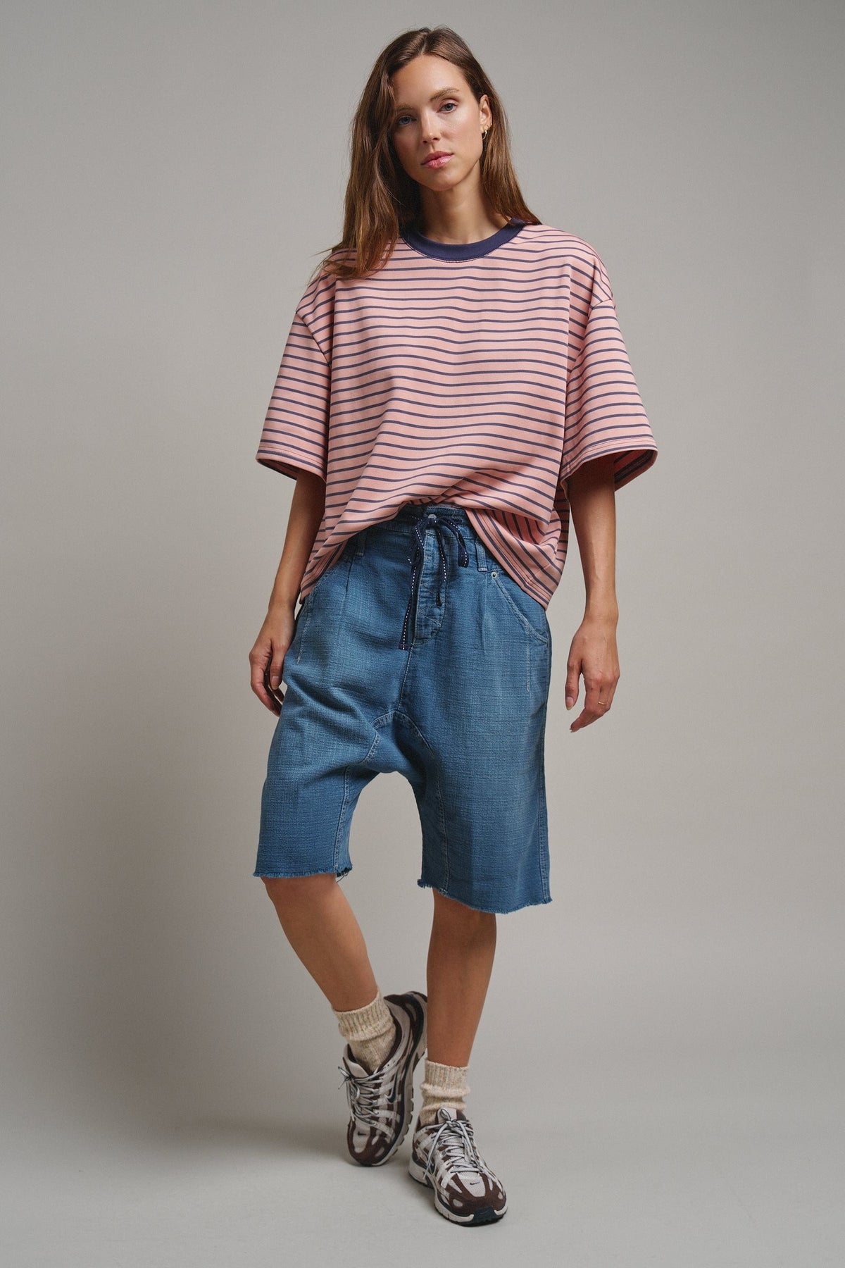 Oversized Striped Contrast Neck Boxy Tee