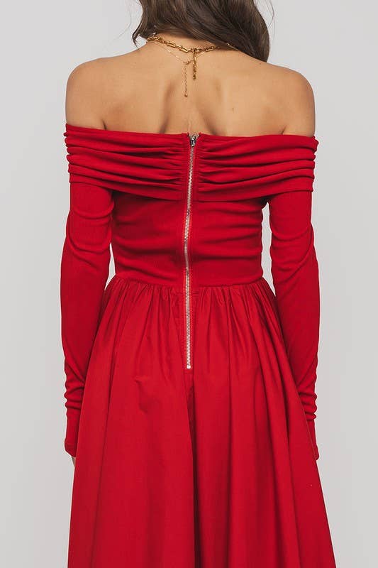 Urban Daizy Elegant Off Shoulder Ruched Long Sleeve Spring Midi Dress Red Dress - Women's (UDZ-DR-00366) – alternate view 6