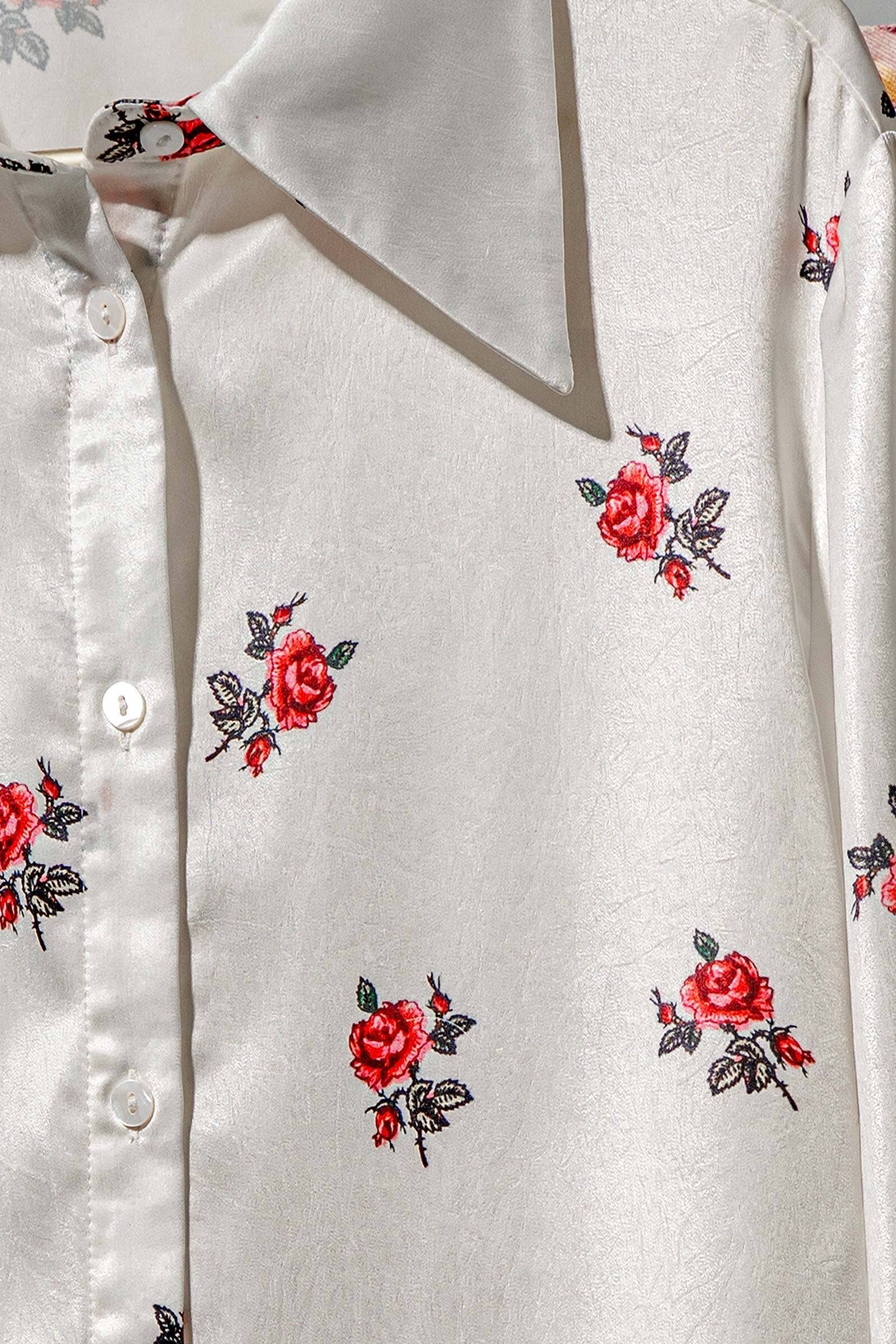 Rose Print Satin Button-Up Blouse