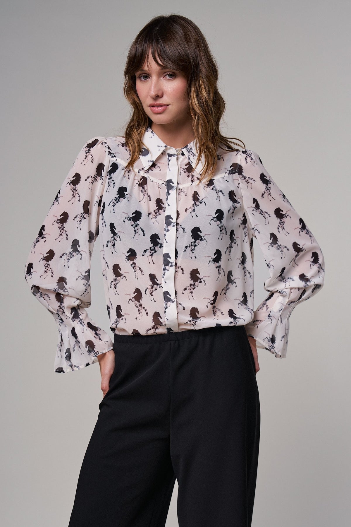Midnight Stallion Blouse in IVORY BLACK - Women's Shirts & Blouses | Urban Daizy
