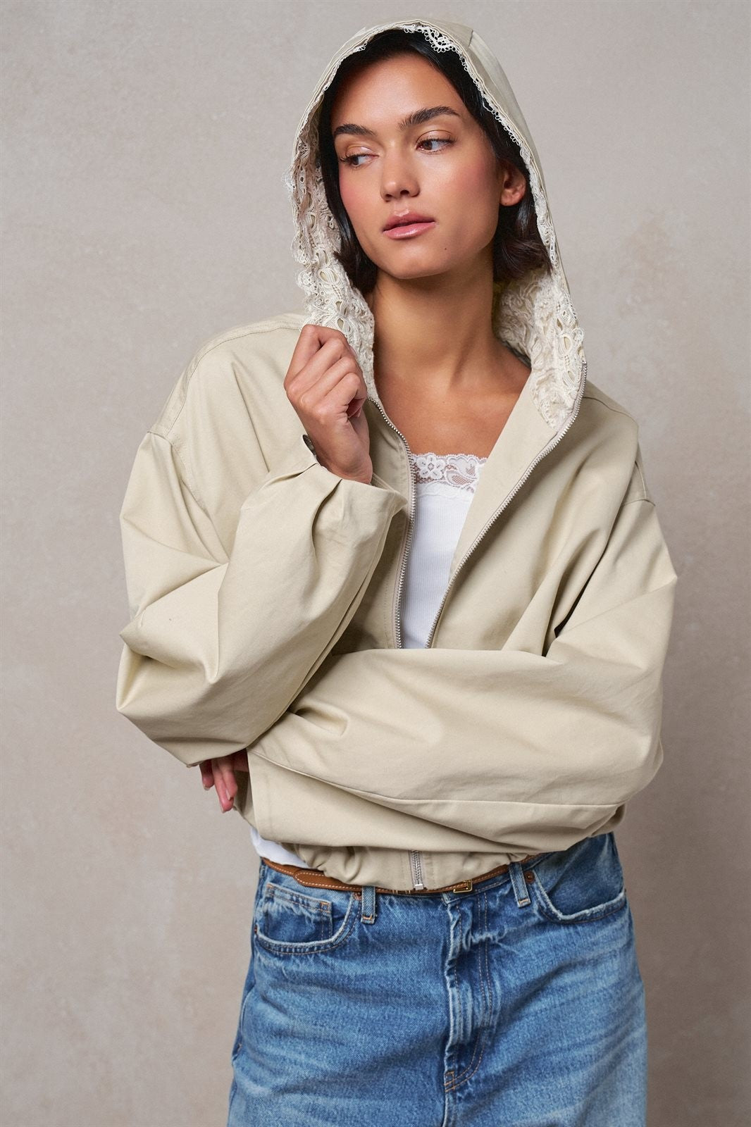 Oversized Hooded Zip-Front Cotton Jacket in BLACK - Women's Jackets & Blazers | Urban Daizy