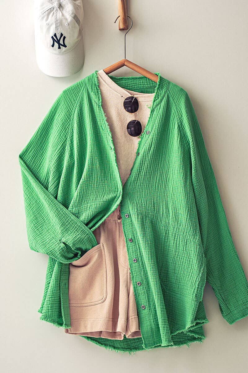 Urban Daizy PREMIUM SOFT FRAYED HEM GAUZE VINTAGE WASHED SHIRT Forest-Green Button Down Shirt - Women's (UDZ-TP-00225)