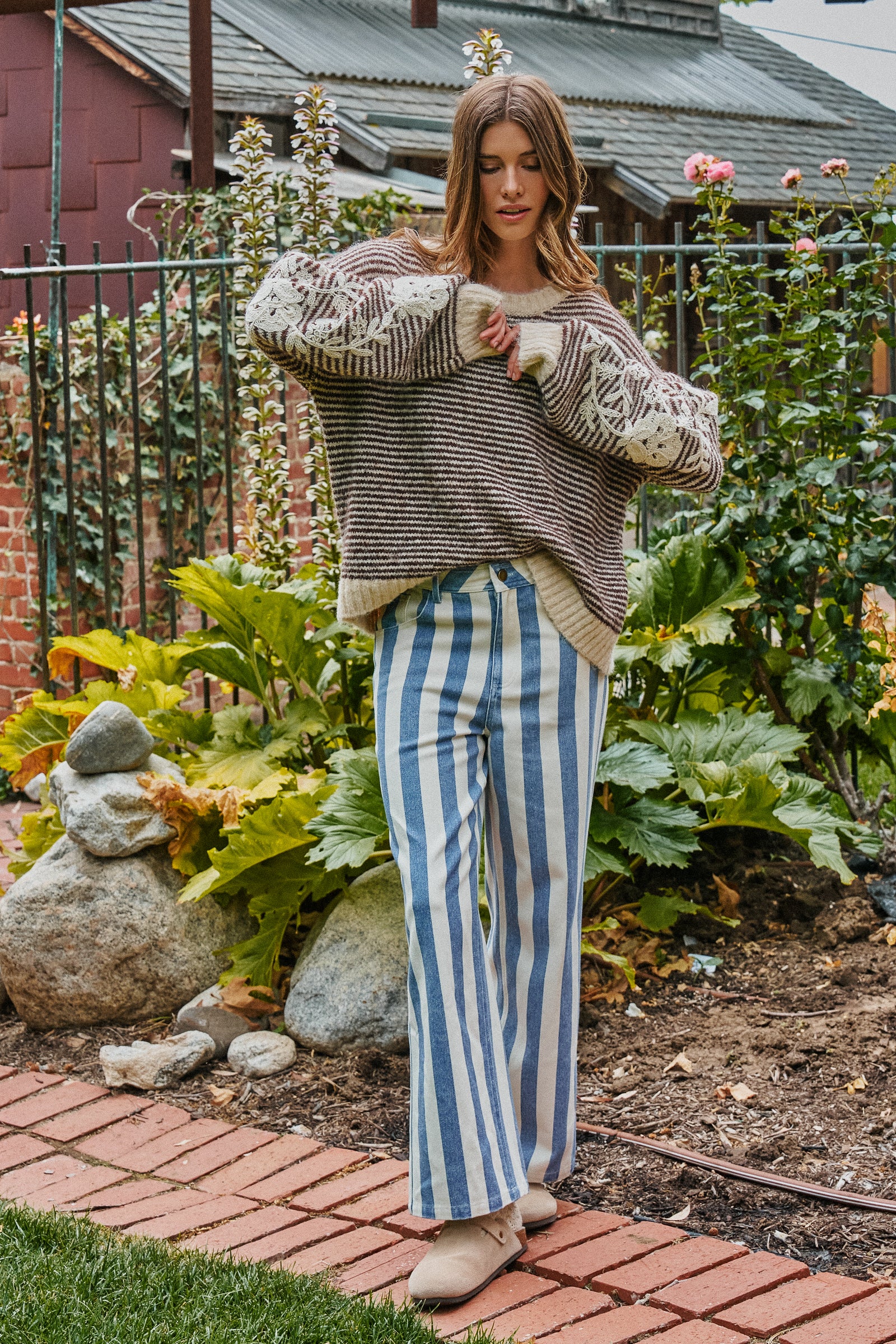 Floral Embroidered Striped Knit Sweater