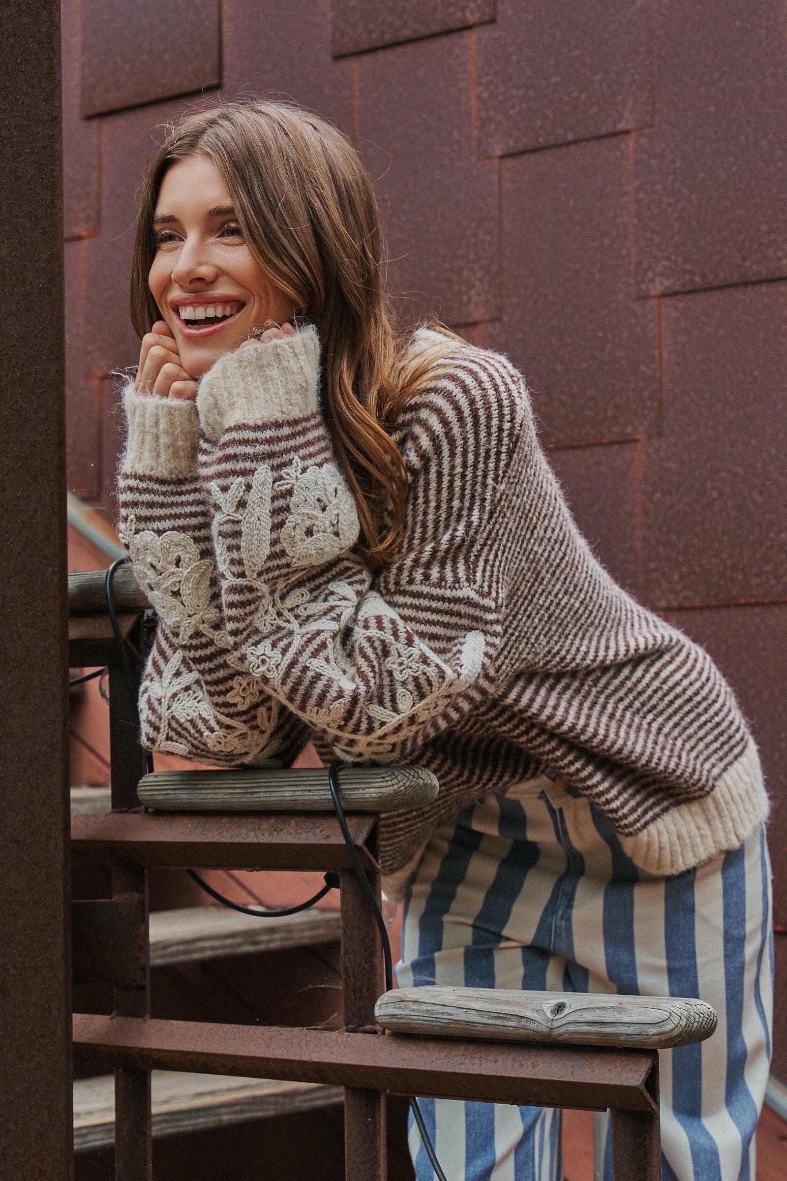 Floral Embroidered Striped Knit Sweater