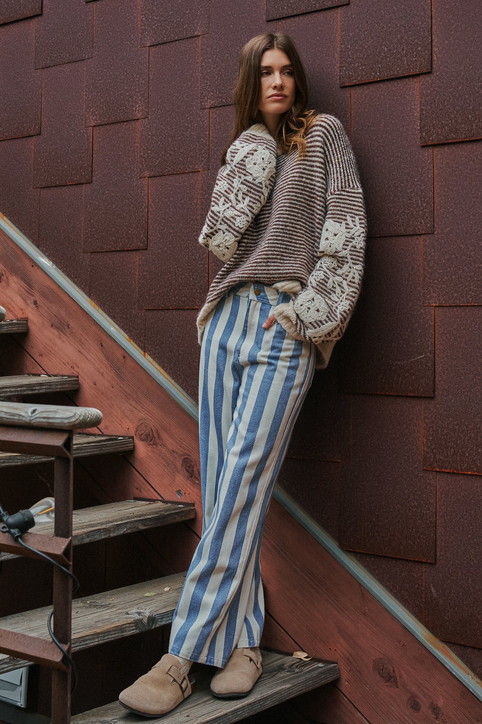 Floral Embroidered Striped Knit Sweater | wholesale knit sweater - women's | Urban Daizy
