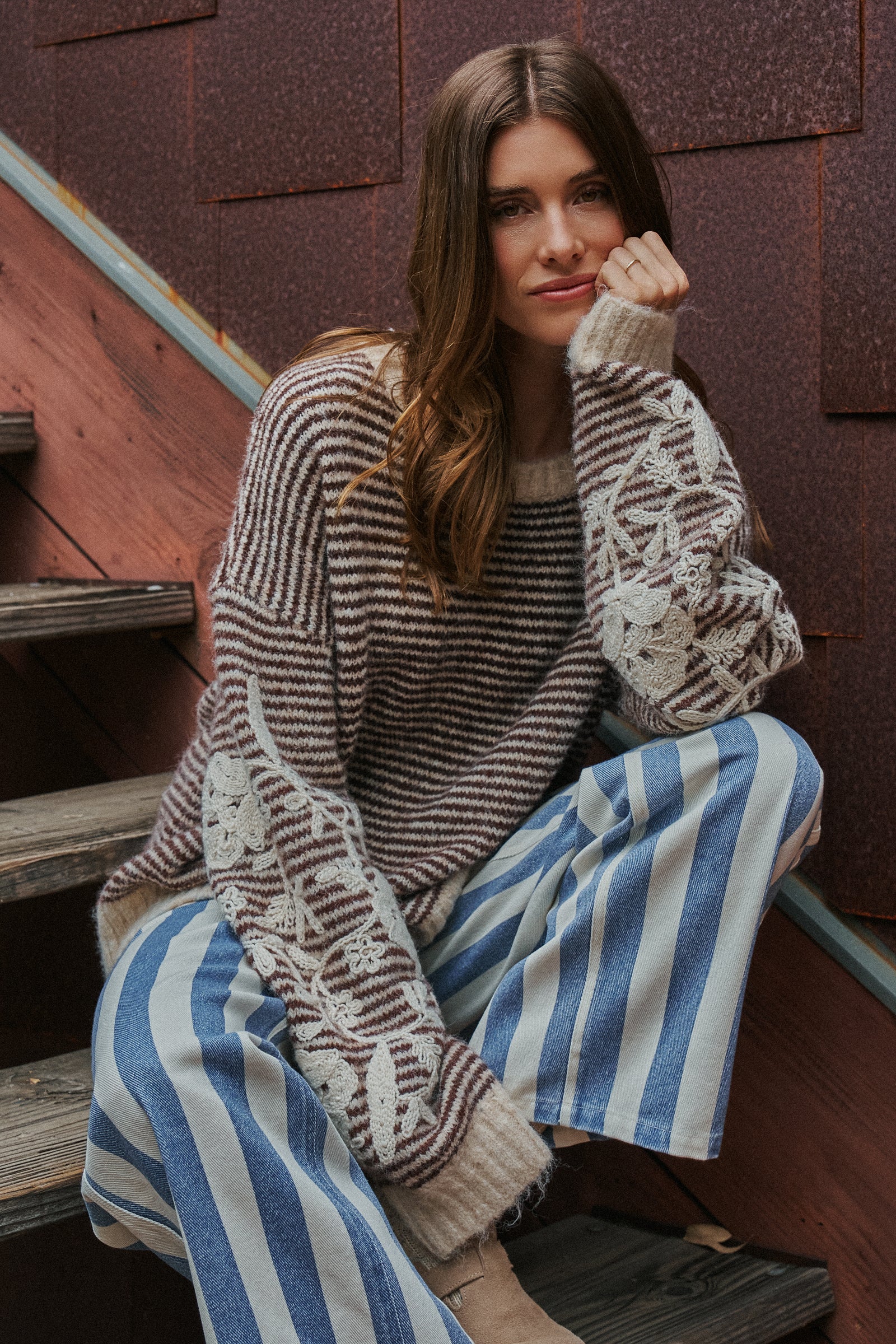 Floral Embroidered Striped Knit Sweater