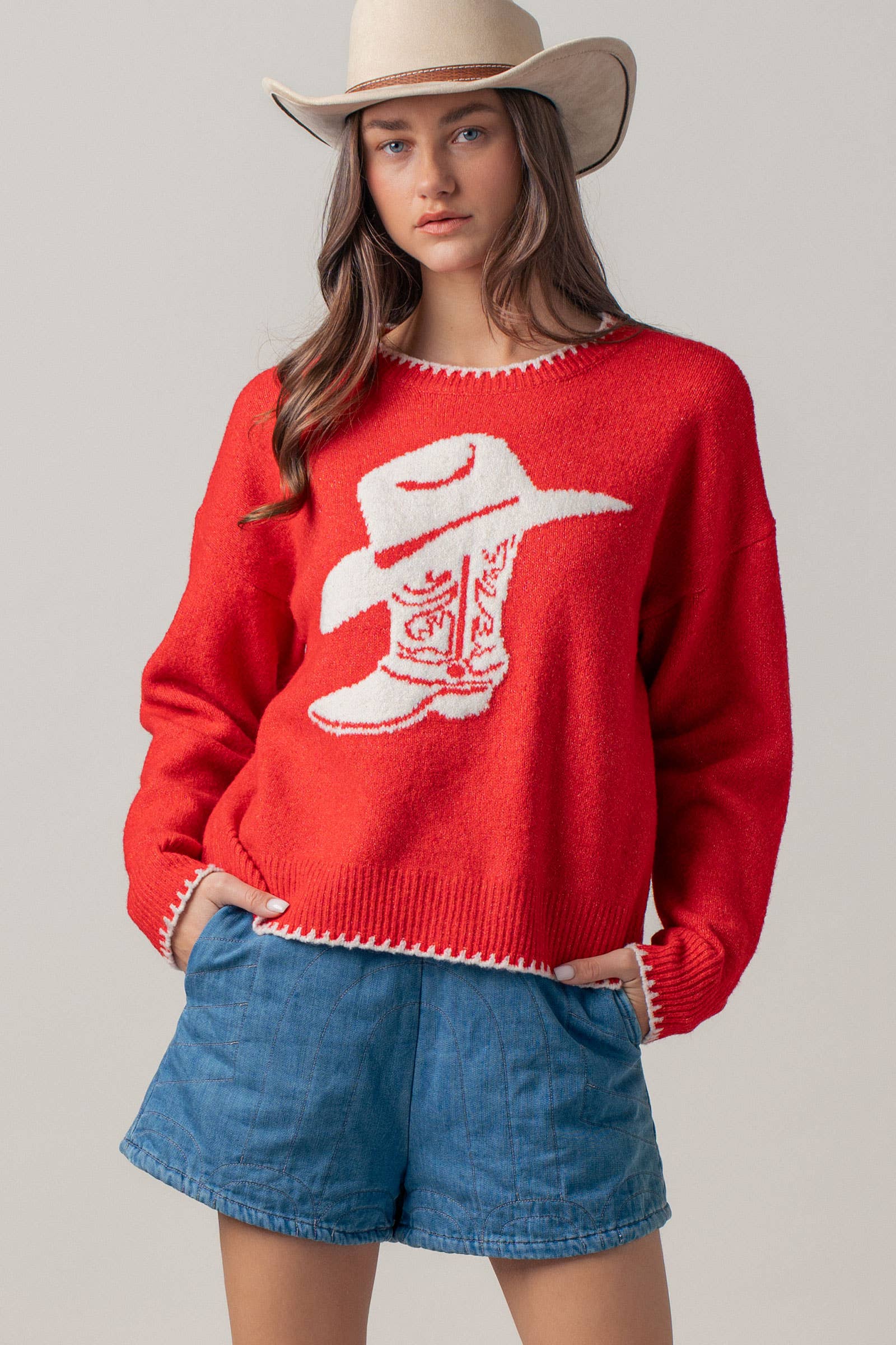 Urban Daizy Cowboy Boot Graphic Knit Sweater Red Knit Sweater - Women's (UDZ-KN-01040) – alternate view 2