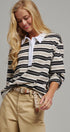 Striped Rugby Polo Long Sleeve Knit Top with Contrast Collar in IVORY BLACK - Women's T-Shirts & Polos | Urban Daizy