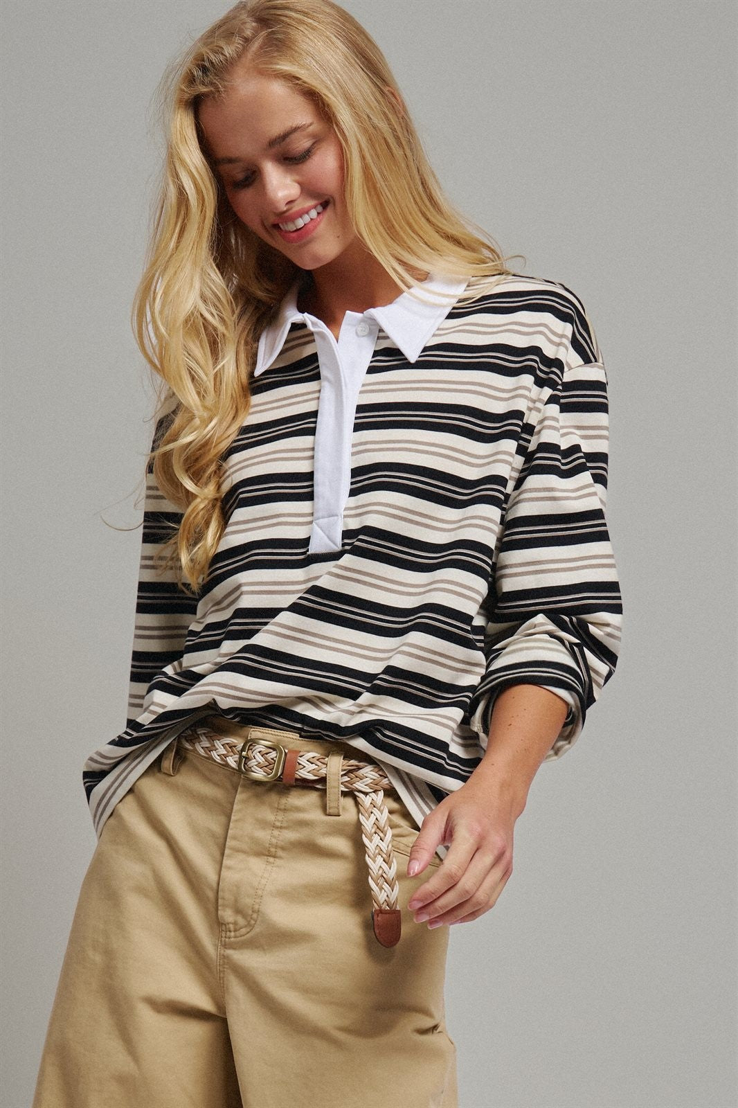 Striped Rugby Polo Long Sleeve Knit Top with Contrast Collar in IVORY BLACK - Women's T-Shirts & Polos | Urban Daizy