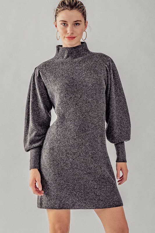 Urban Daizy Balloon Sleeve Mock Neck Sweater Dress Charcoal Dress - Women's (UDZ-DR-00096)