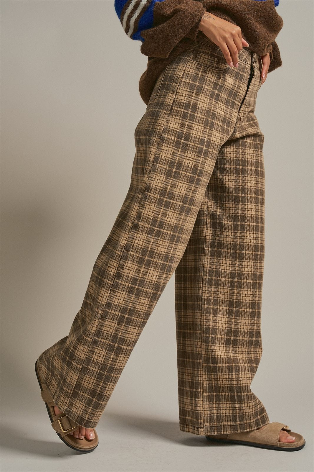 Checker Plaid Wide Leg Pants Y2K Vintage Western for Women in BROWN - Women's Casual Pants | Urban Daizy