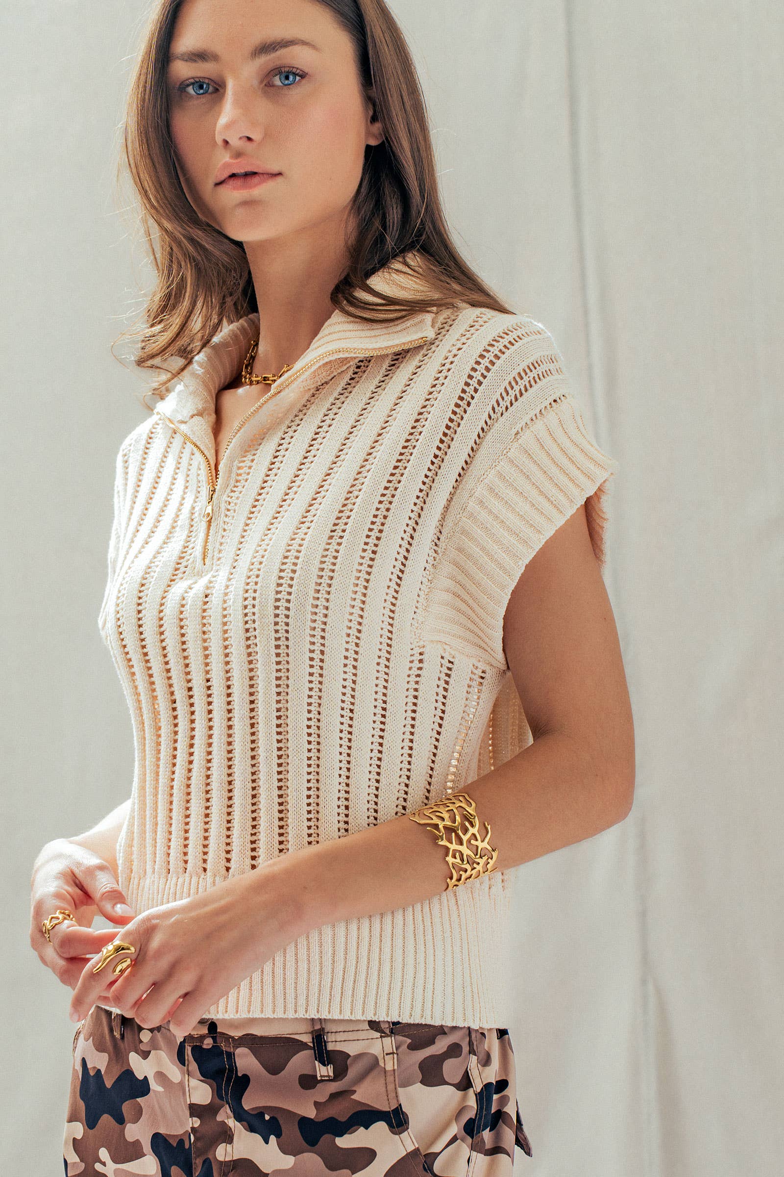 Ribbed Knit Half-Zip Mock Neck Sweater Vest