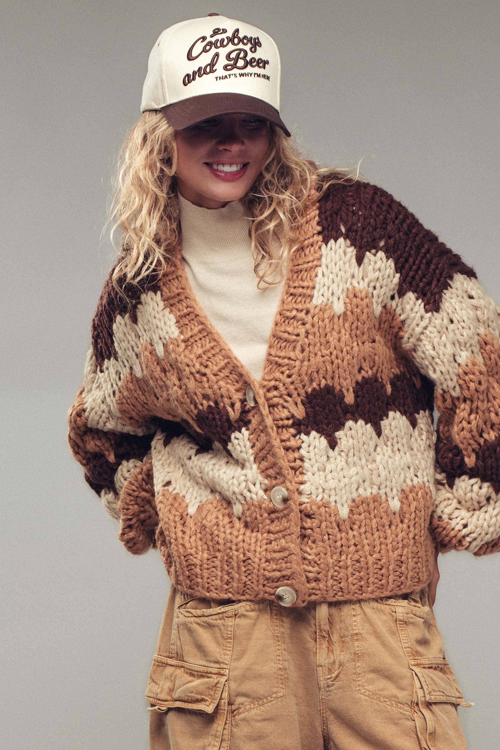 Urban Daizy Chevron Chunky Knit Cardigan – Balloon Sleeves, Cropped Fit Mocha Cardigan - Women's (UDZ-KN-00656)