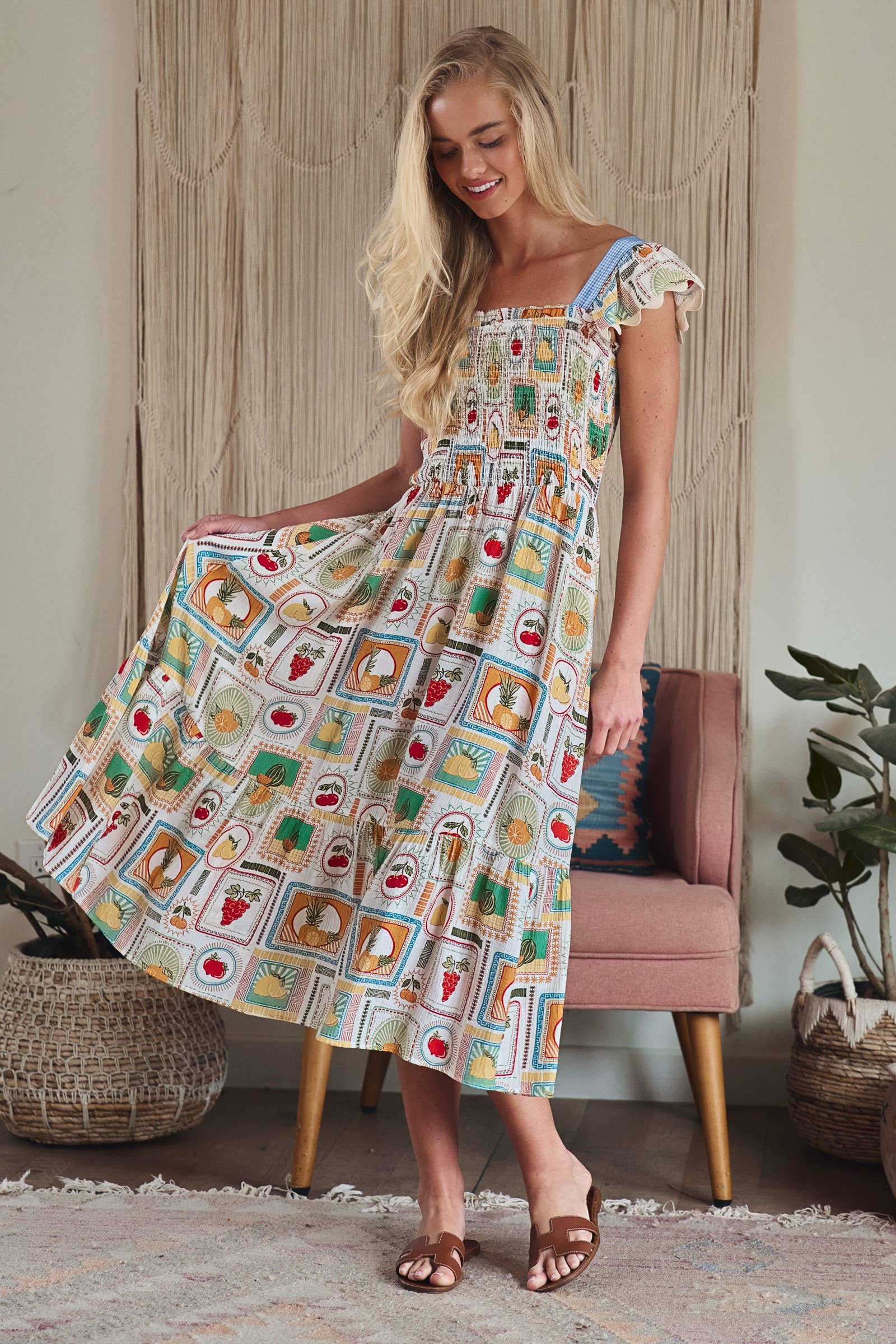 Novelty Stamp Print Smocked Midi Dress