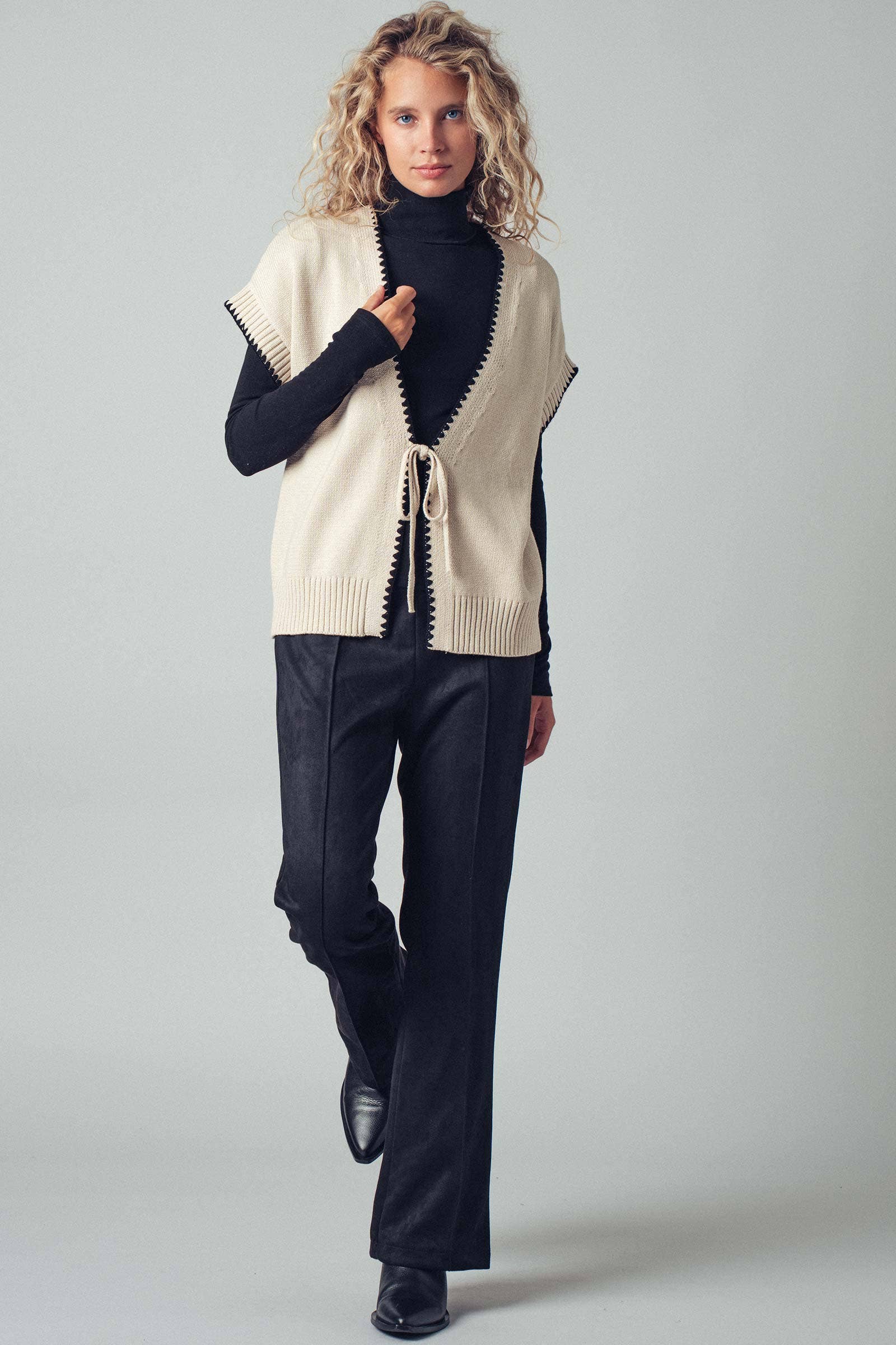 Crochet Trim Tie Front Knit Vest