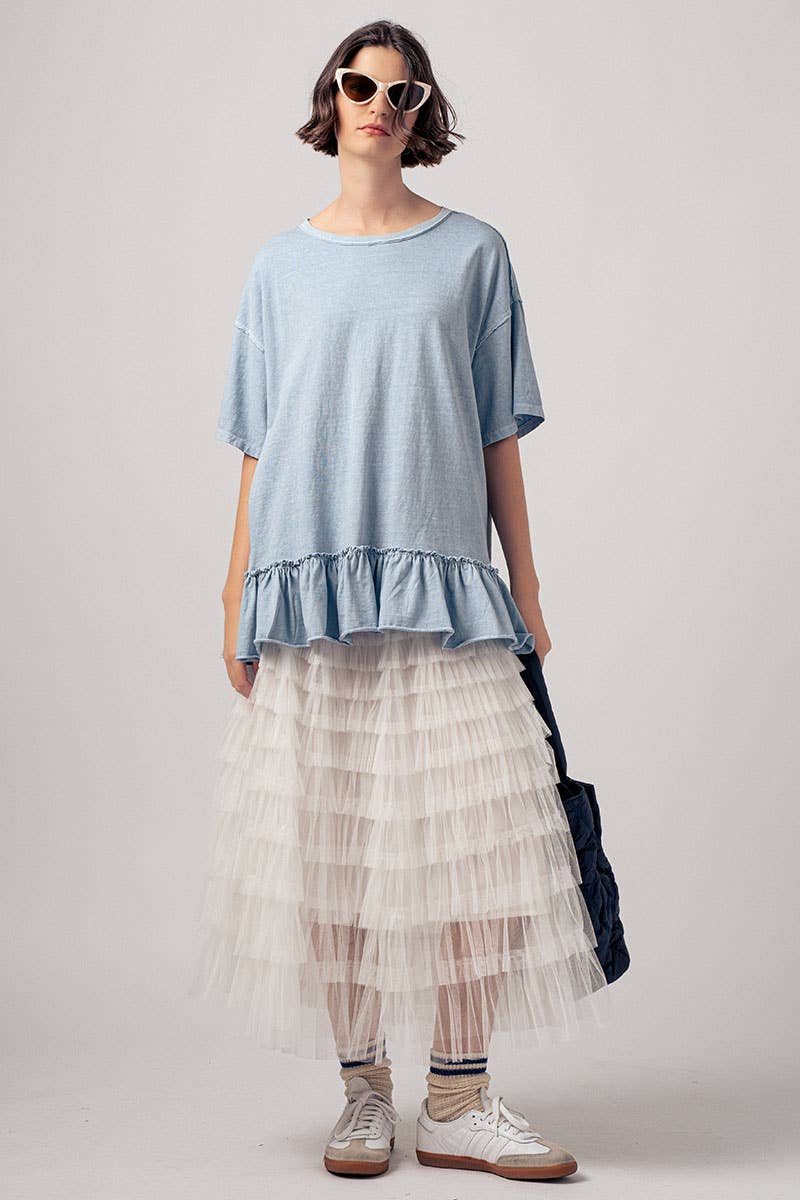 Casual Drop Shoulder Ruffle Hem Exposed Stitch Crew Neck Top