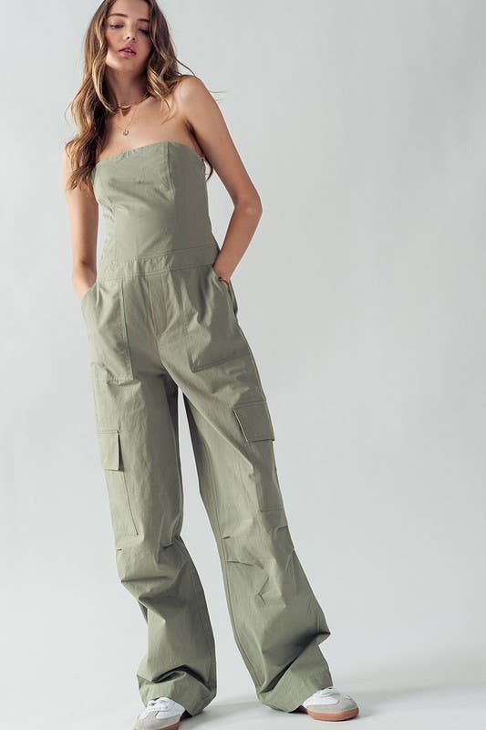 Urban Daizy Strapless Wide Leg Cargo Pocket Artisanal Jumpsuit Moss Jumpsuit - Women's (UDZ-JR-00002) – alternate view 4