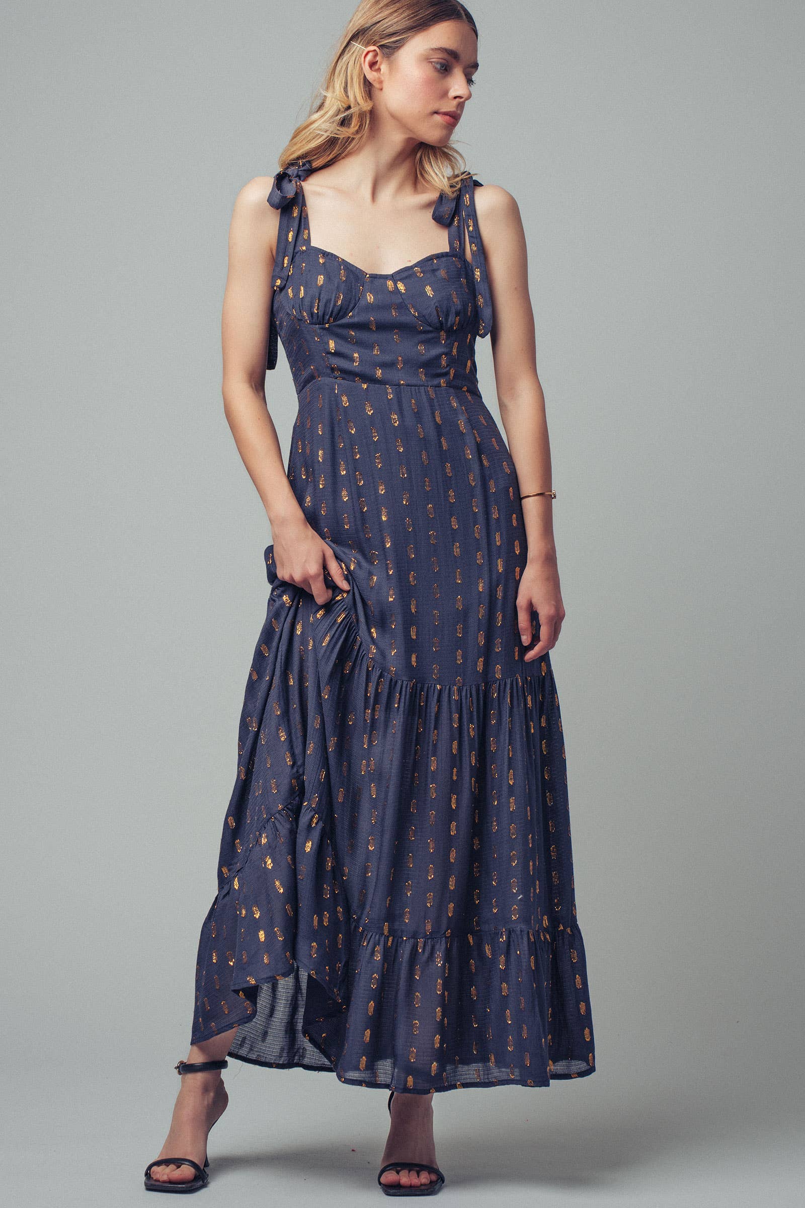 Urban Daizy Metallic Tie-Shoulder Smocked Maxi Dress Navy-Gold Dress - Women's (UDZ-KN-00657) – alternate view 2